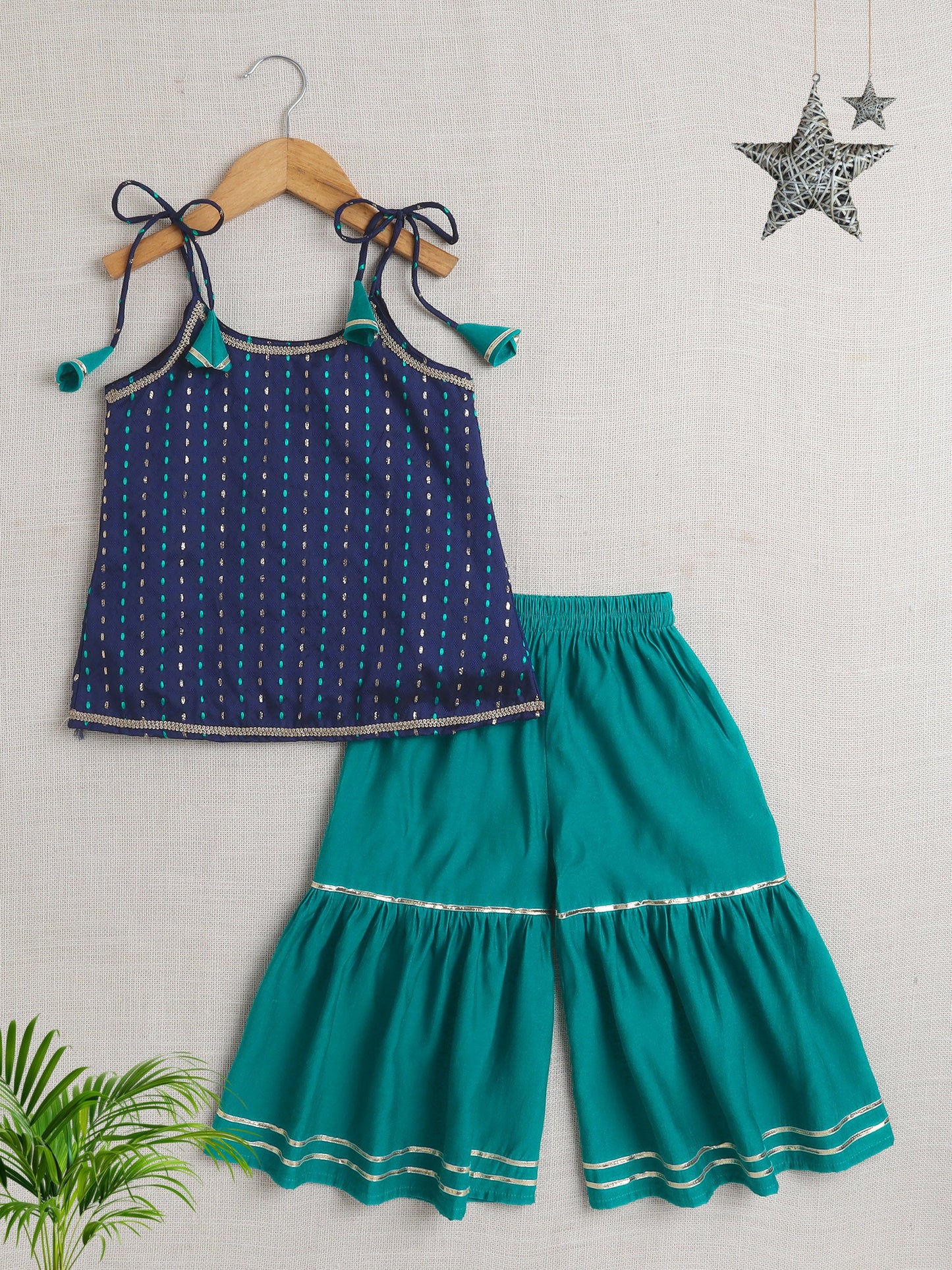 Sleeveless Abstract Foil Printed & Lace Embellished Kurta Sharara Set - Navy Blue