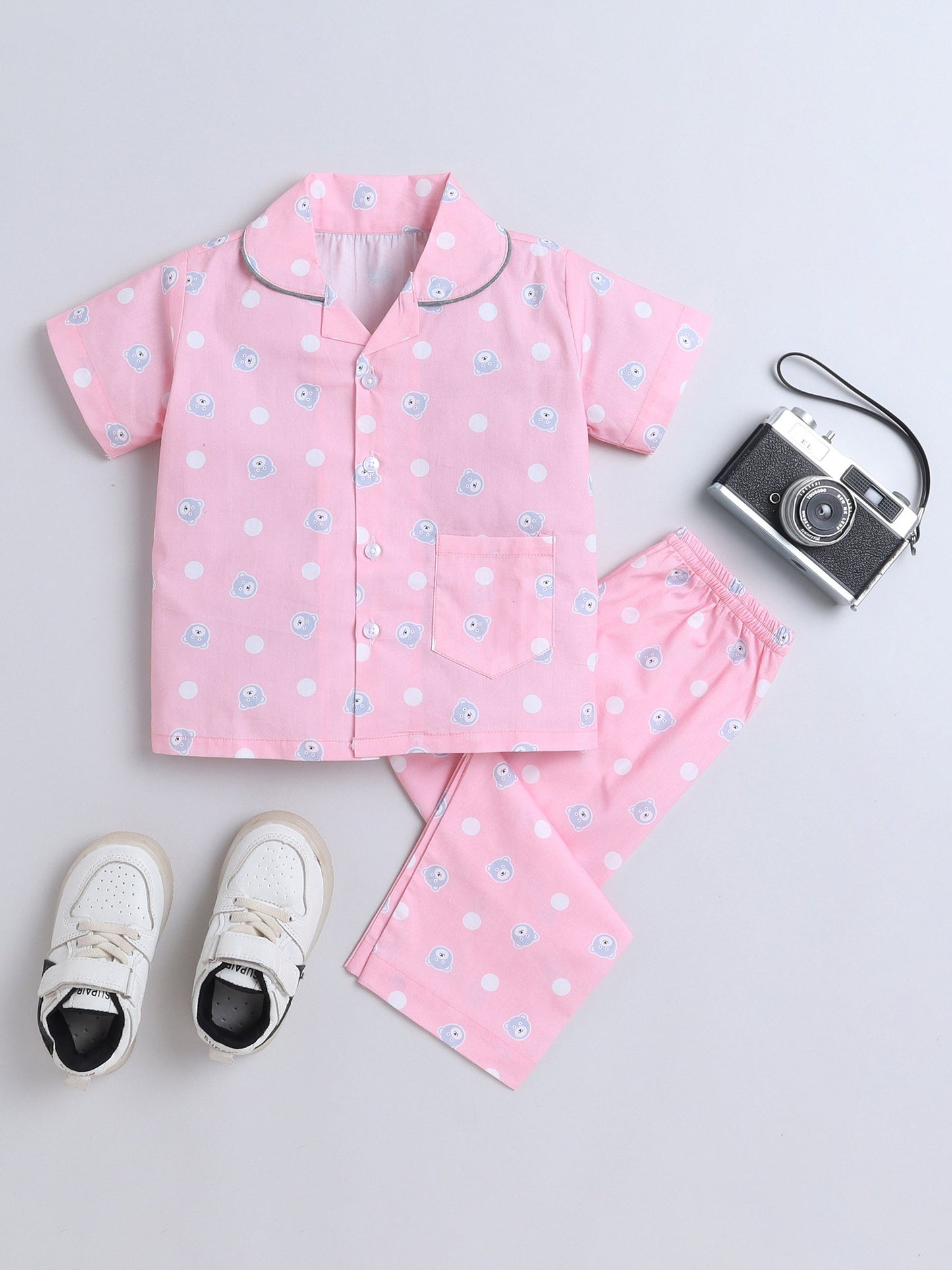 Cotton Woven Half Sleeves Bear & Polka Dots Printed Coordinating Night Suit Set - Pink