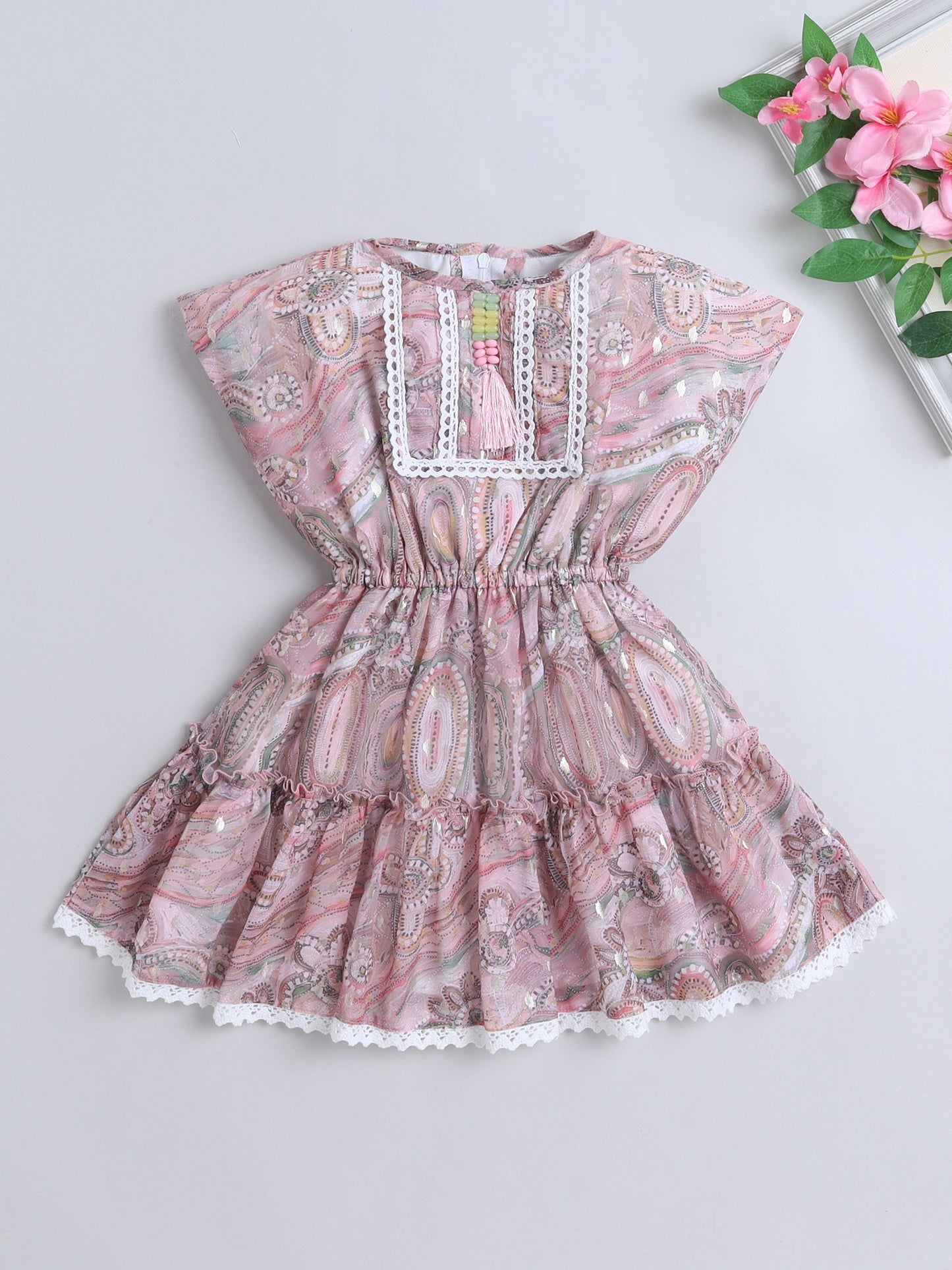 Sleeveless Abstract Printed & Beads Embellished Dress - Peach