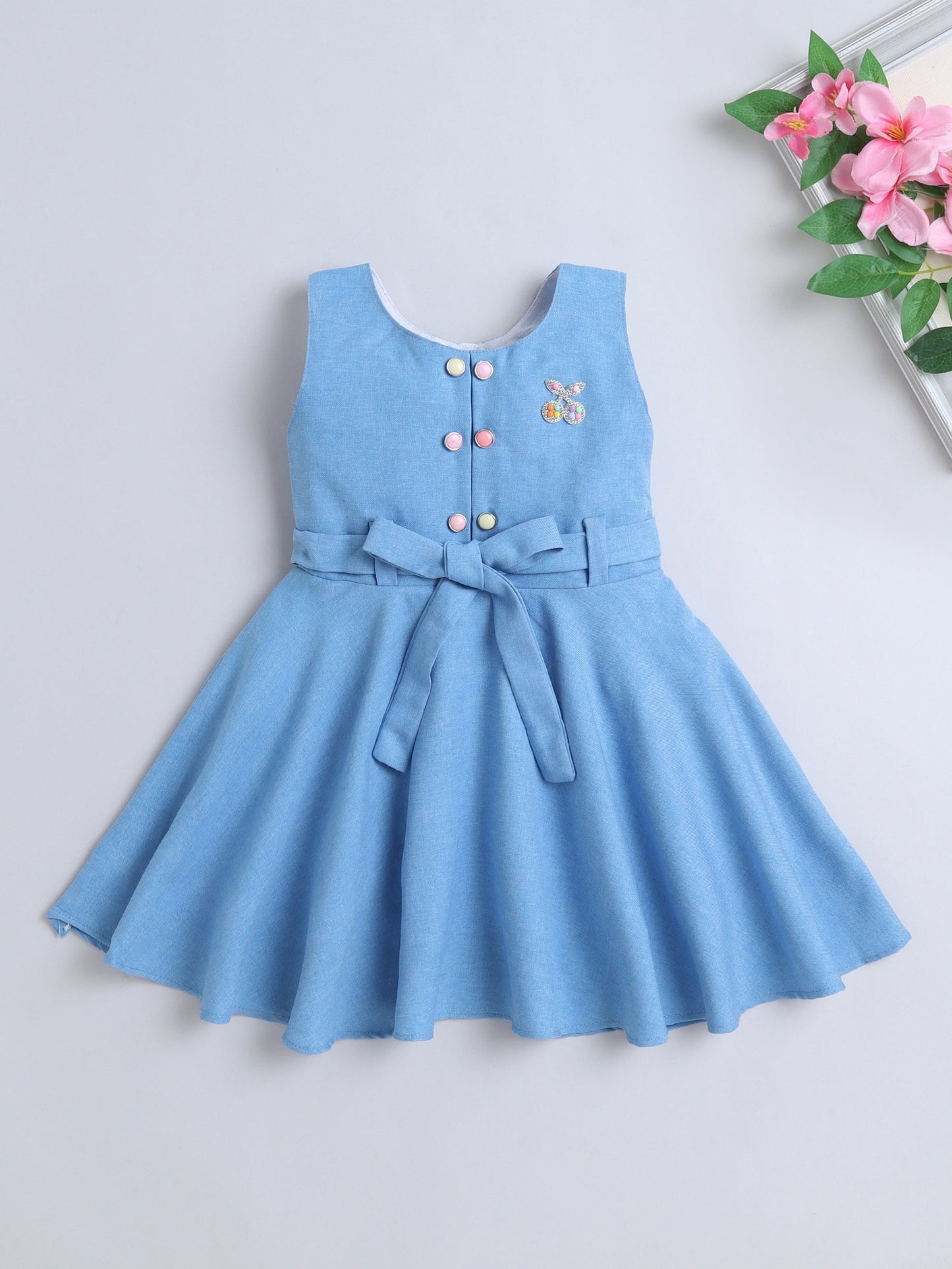 Cotton Sleeveless Cherry Embellished Dress - Blue