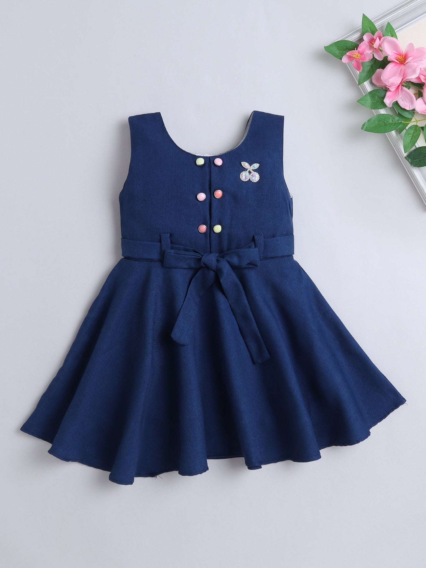 Cotton Sleeveless Cherry Embellished Dress - Navy Blue