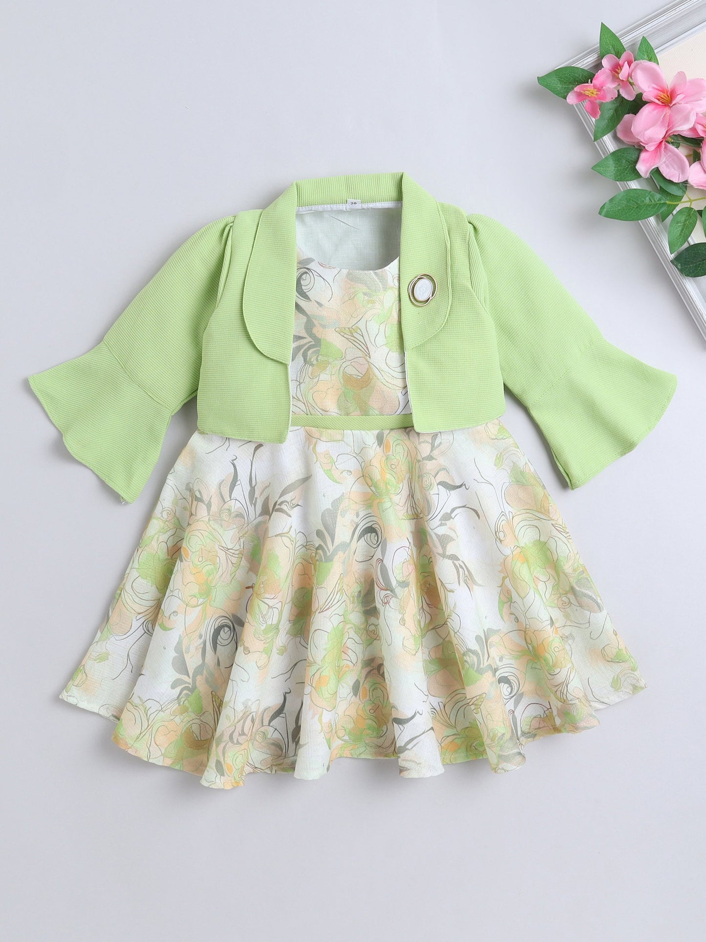 Floral Printed Dress With Three Fourth Bell Sleeves Jacket - Green