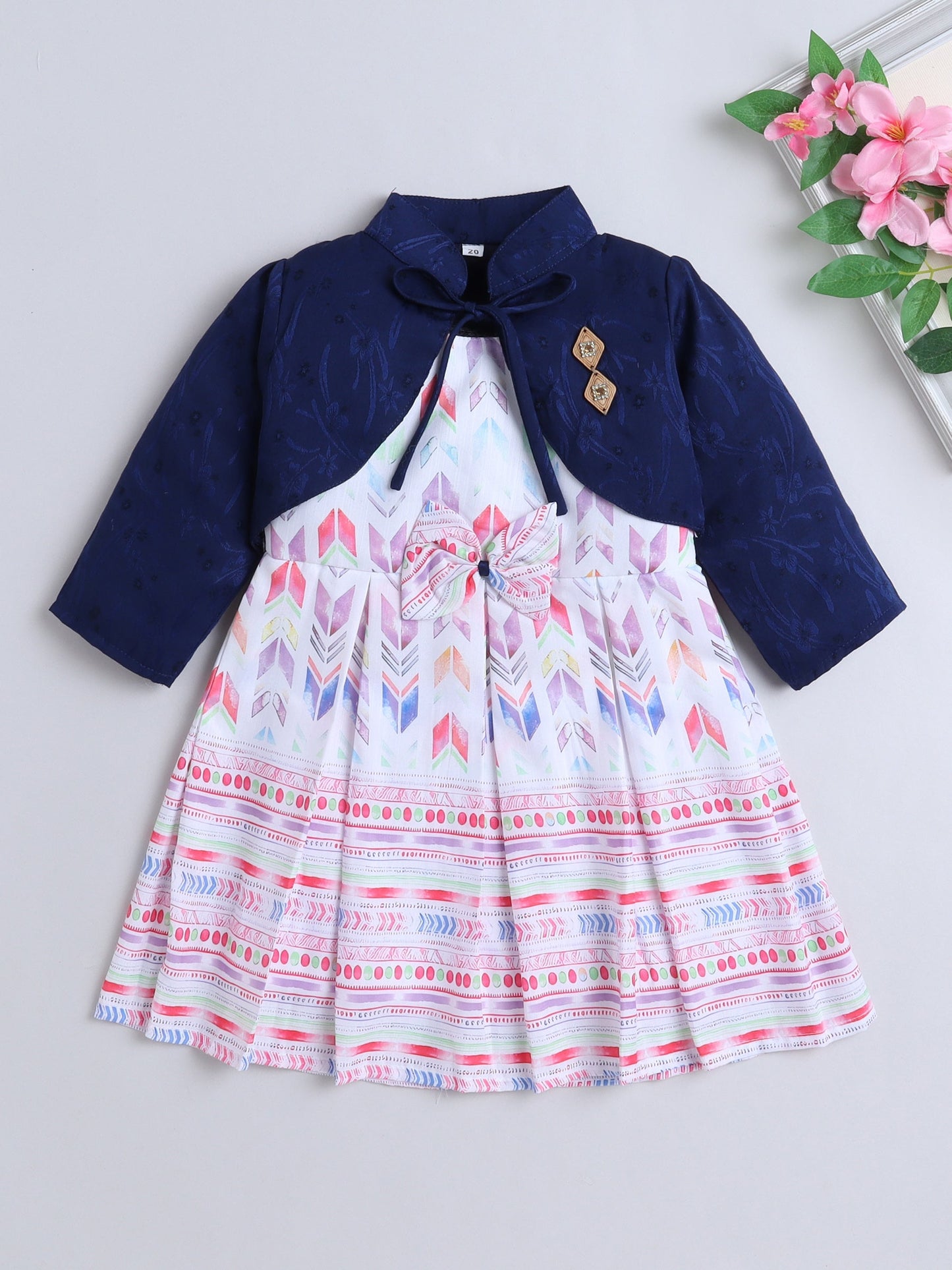 Geometric Printed Dress With Full Sleeves Floral Embroidered Jacket - Red