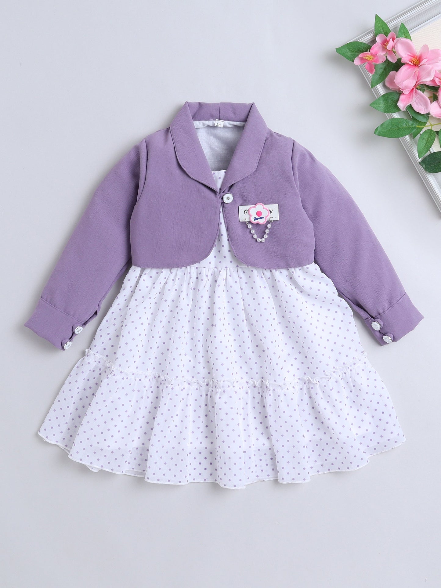 Polka Dots Printed Dress With Full Sleeves Jacket - Purple