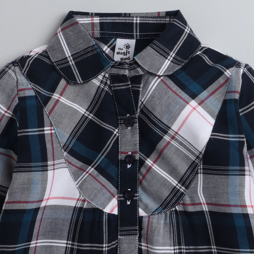 Full Sleeves Checked Shirt Style Dress - Grey