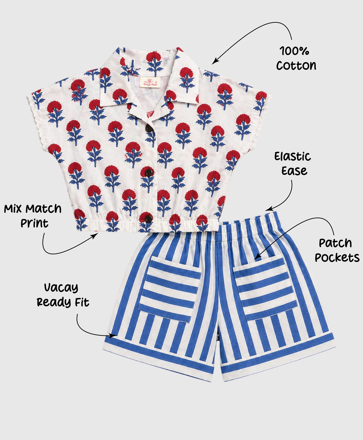 The Magic Wand Cotton Woven Floral Printed Shirt And Stripes Shorts With Patch Pockets - Blue