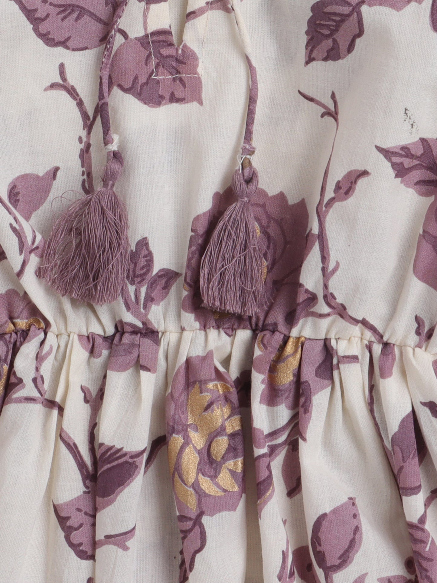 Floral Printed Cotton Gathered 3/4 Sleeves Round Neck Top With Tassels For Girls - Beige