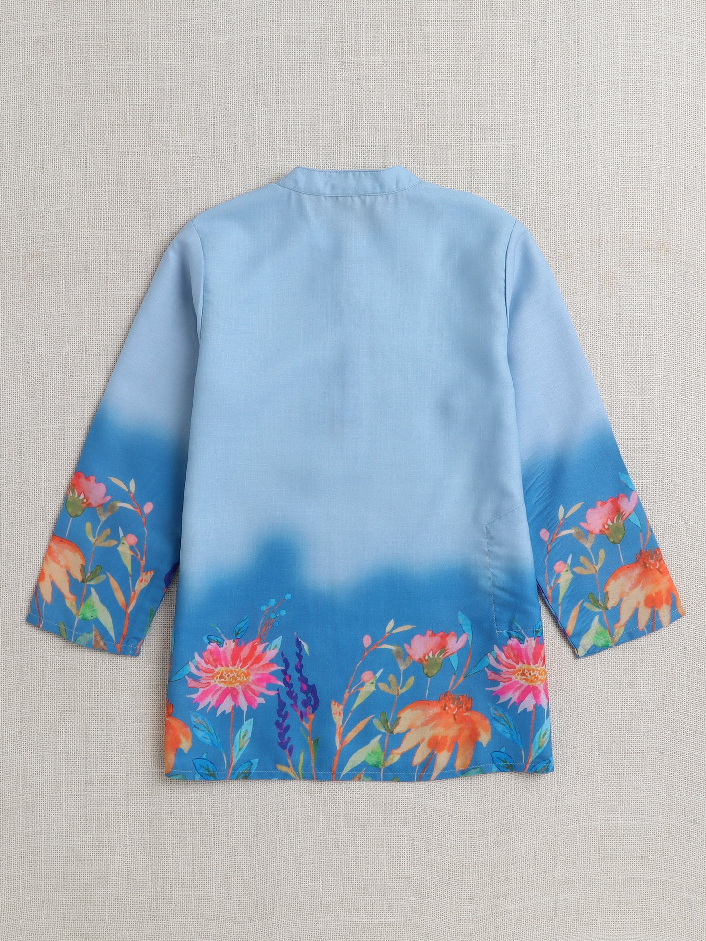 Full Sleeves Floral Print Shaded Kurta Set- Blue