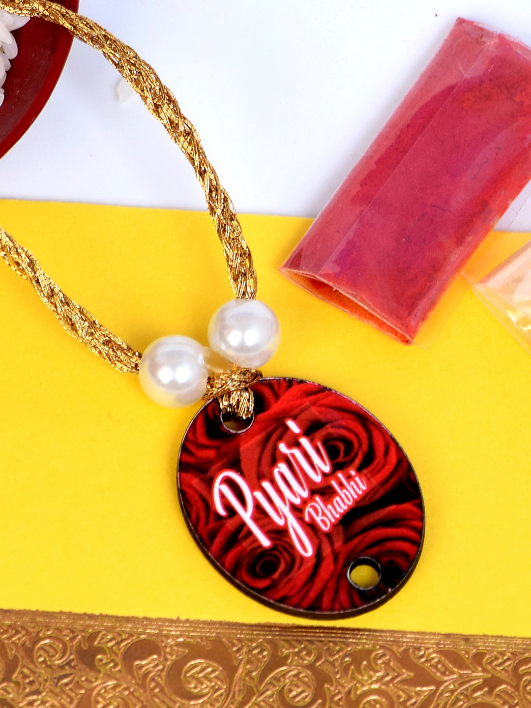 The Magic Wand Laser Cut Wooden Trendy Pyari Bhabhi Rakhi With Roli Chawal - Red