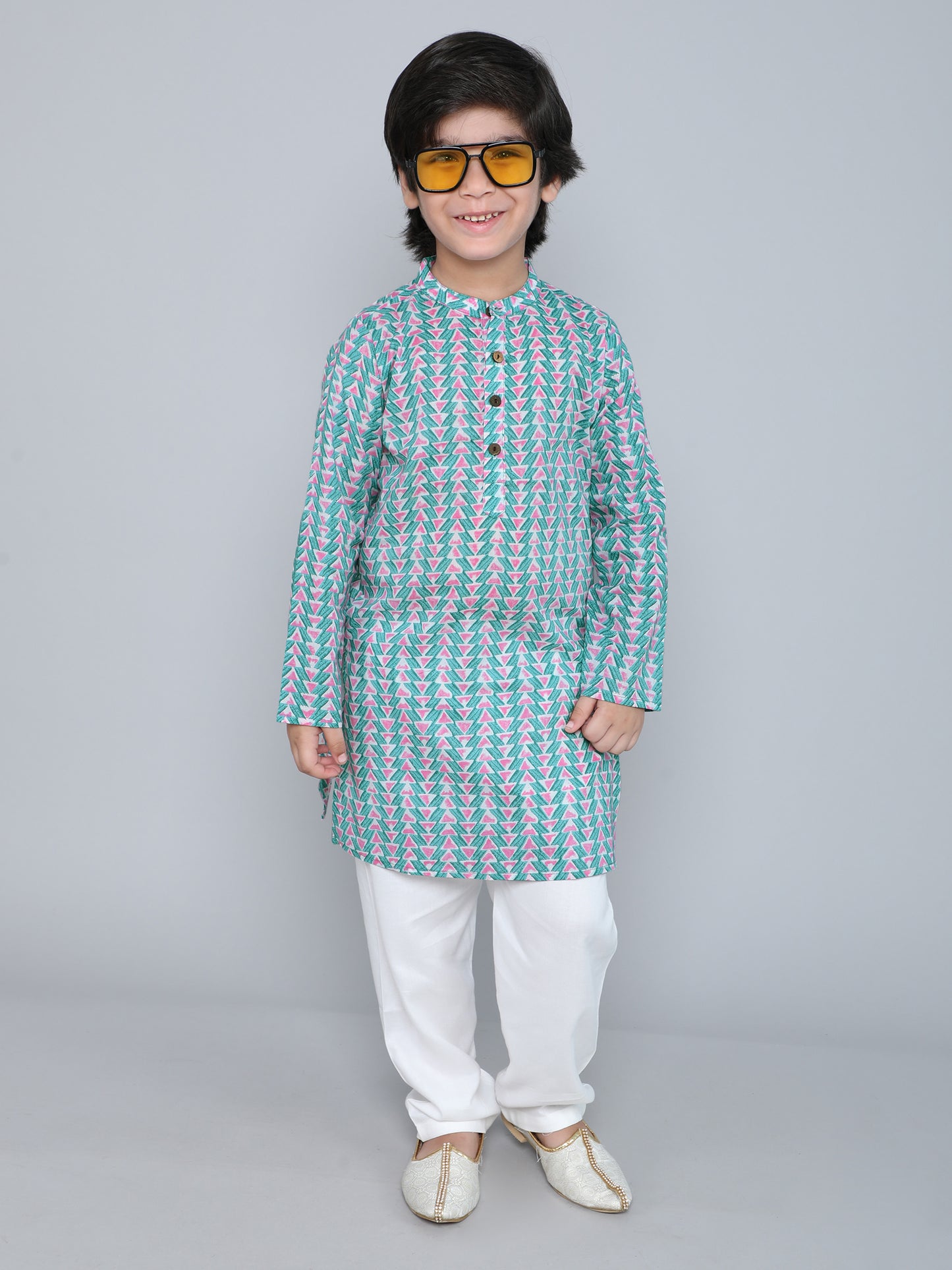 Full Sleeves Abstract Printed Kurta With Pyjama-Teal