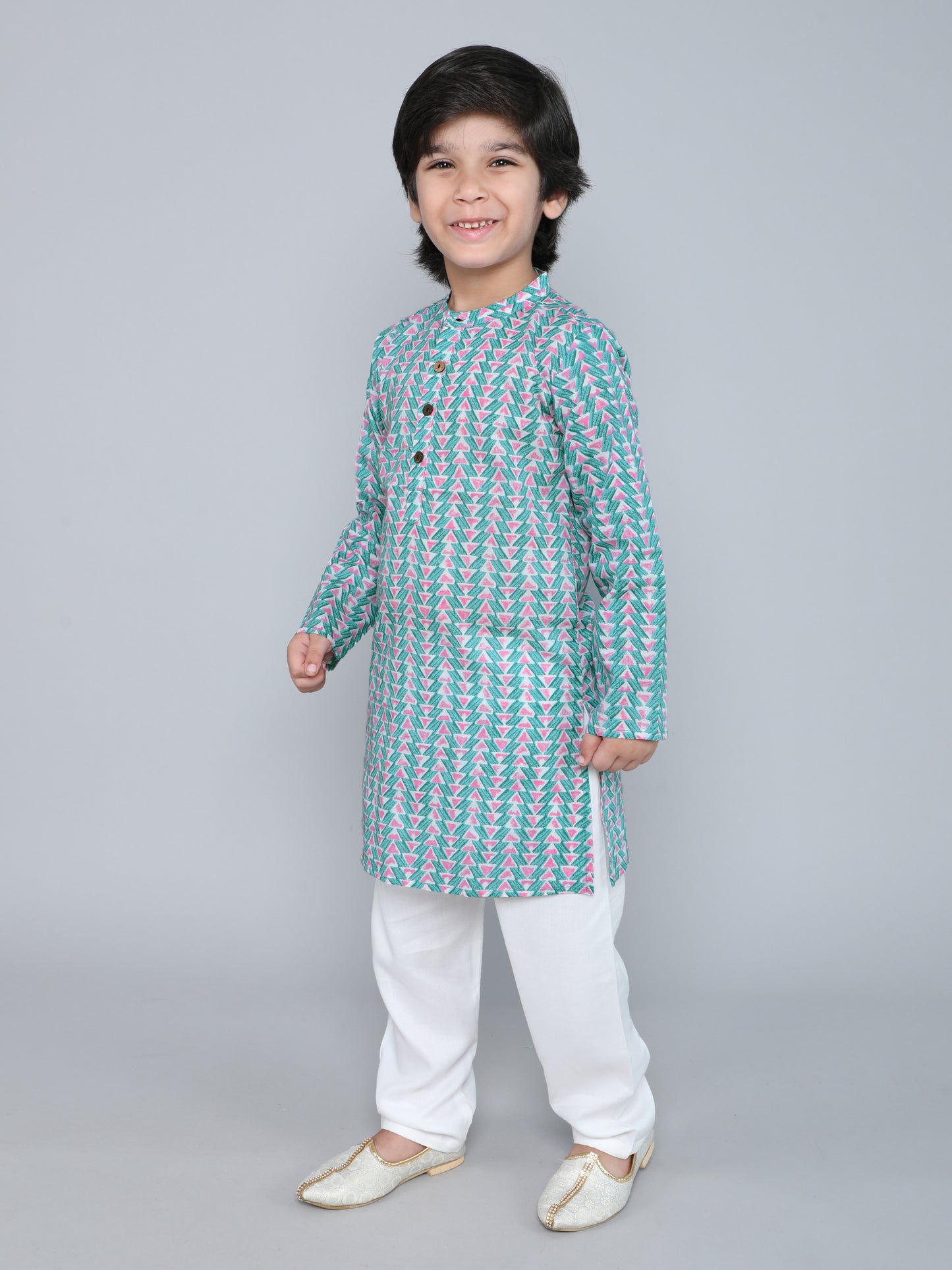 Full Sleeves Abstract Printed Kurta With Pyjama-Teal