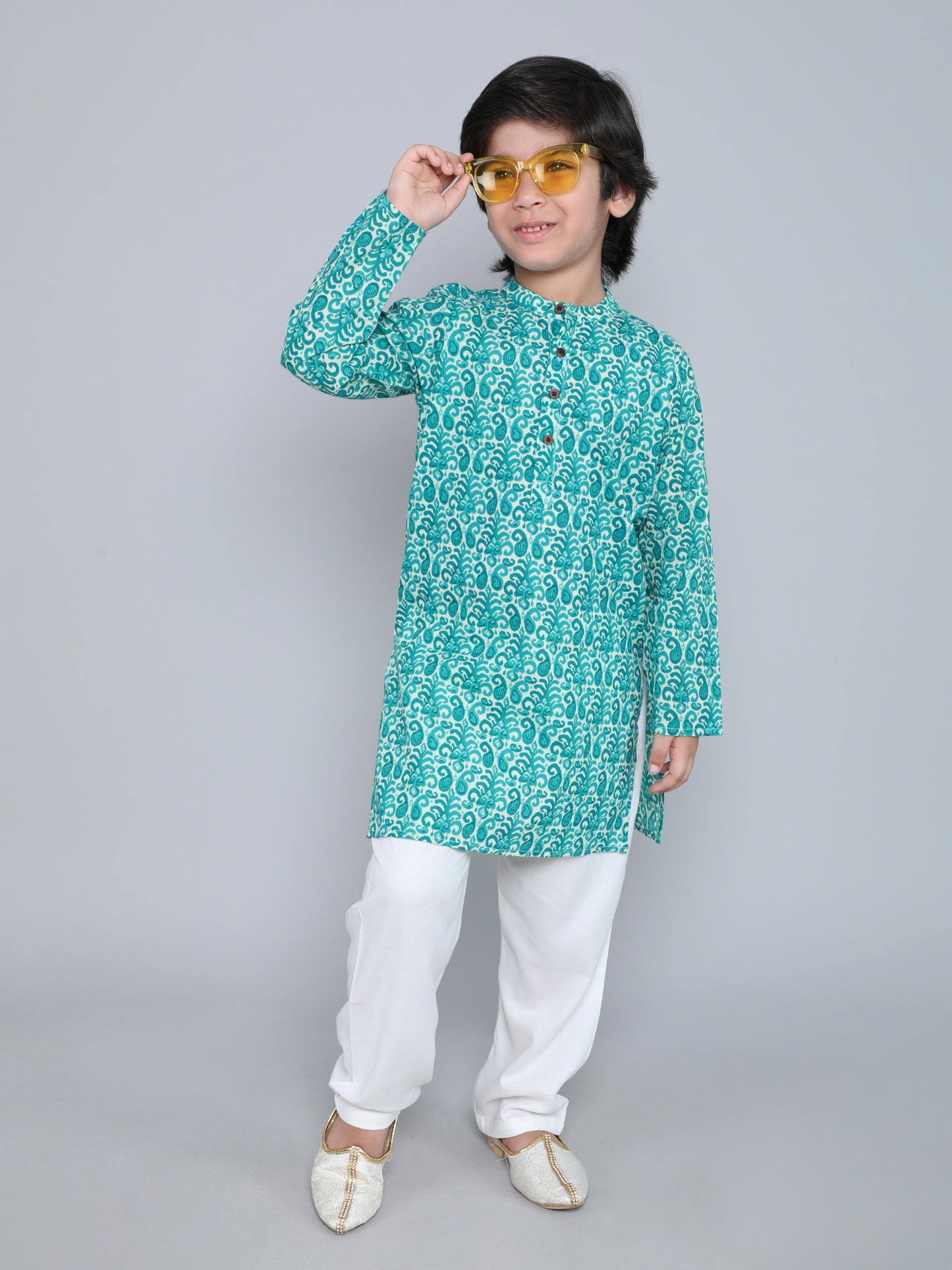 Full Sleeves Floral Printed Kurta With Pyjama-Aqua