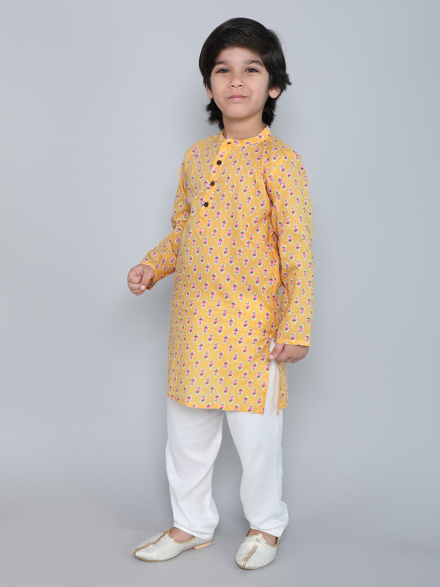 Full Sleeves Floral Printed Kurta With Pyjama-Yellow