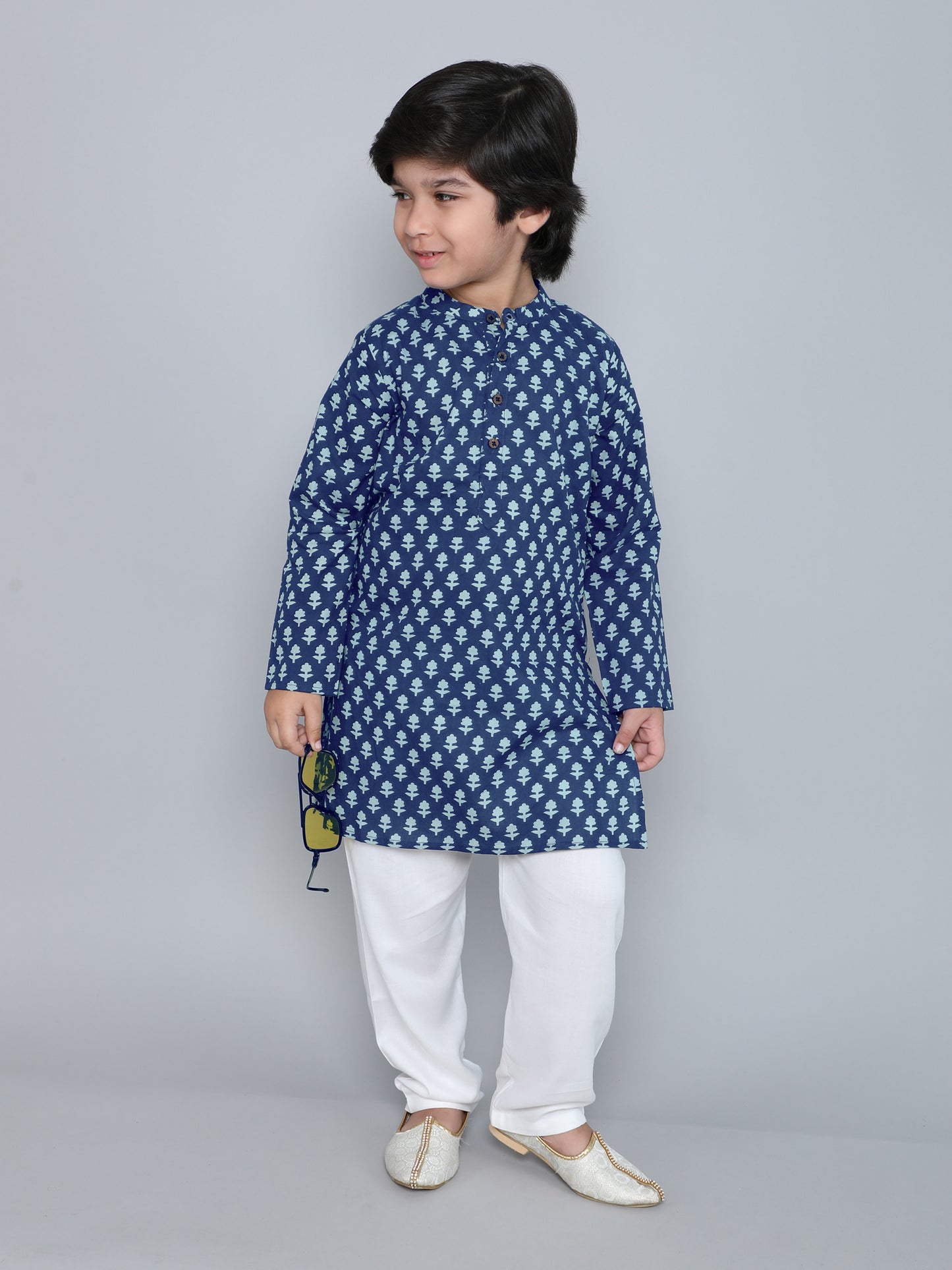 Full Sleeves Floral Printed Kurta With Pyjama-Navy Blue