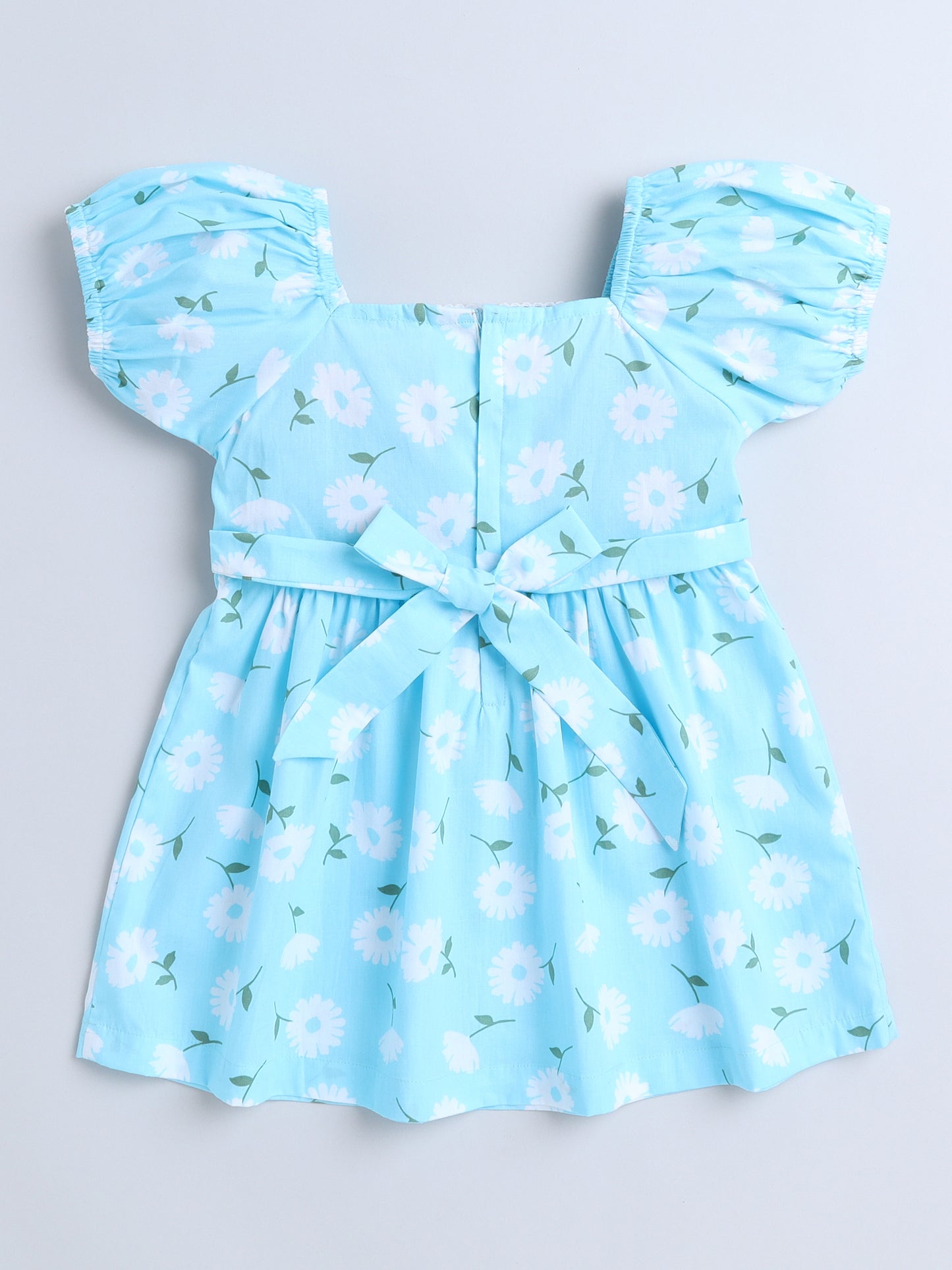 Cotton Floral Print Ballon Sleeves Dress-Blue