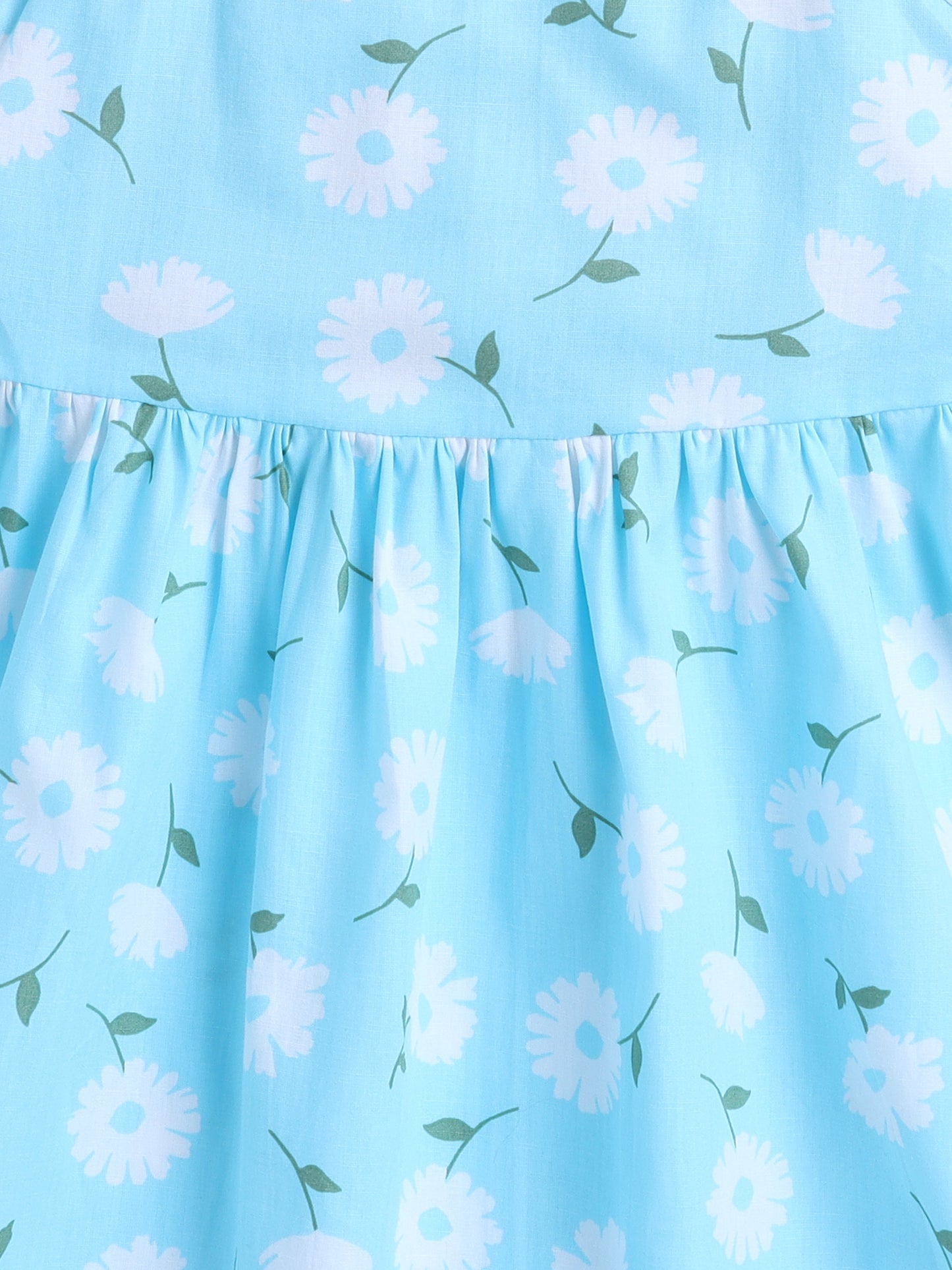 Floral Printed Cotton Balloon Sleeves Dress-Blue