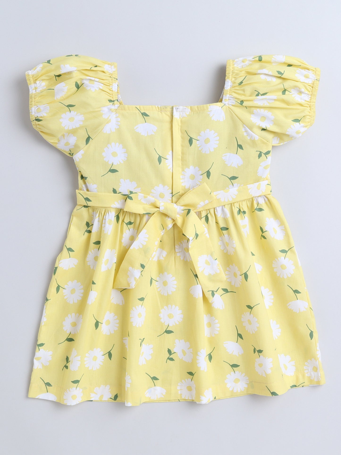 Cotton Floral Print Ballon Sleeves Dress-Yellow