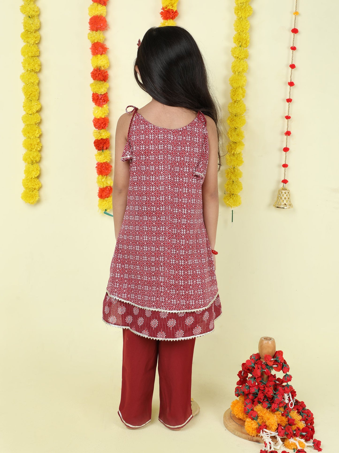 Sleeveless Floral Motif Printed & Lace Embellished Choli With Pant Set - Maroon