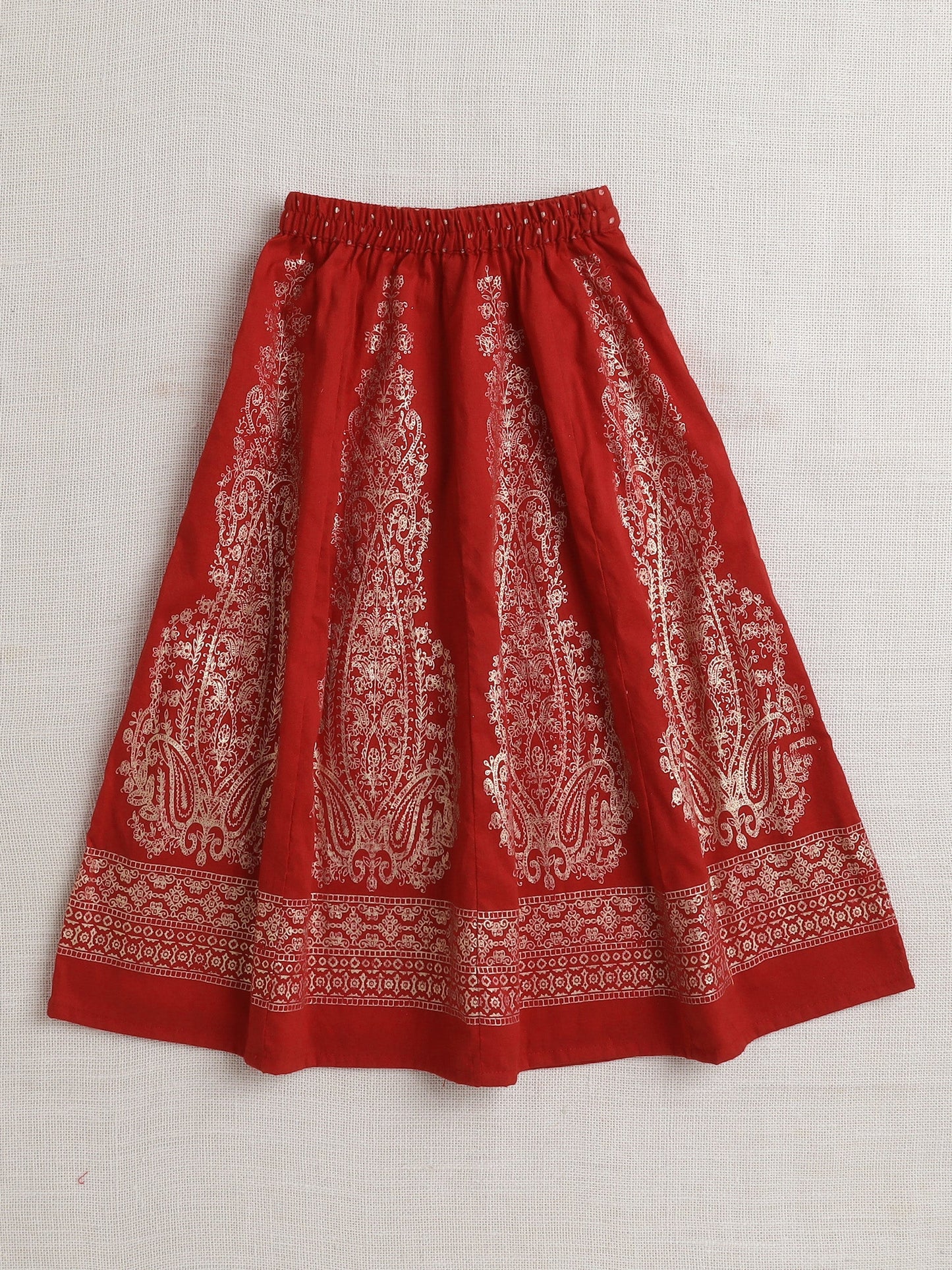 Half Sleeves Polka Dots Foil Printed Choli & Lace Embellished & Floral Embroidered Lehenga With Dupatta Set - Red