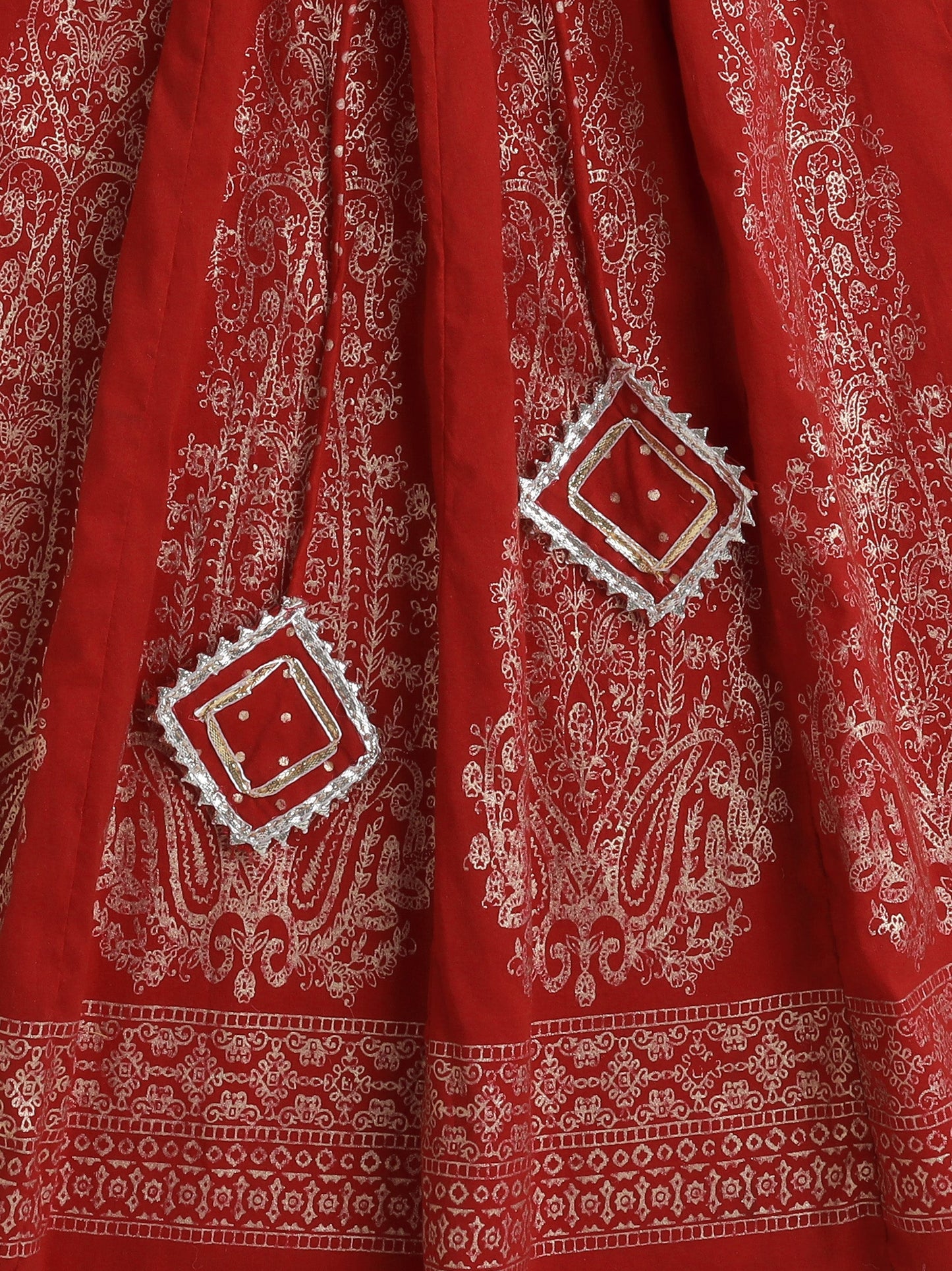 Half Sleeves Polka Dots Foil Printed Choli & Lace Embellished & Floral Embroidered Lehenga With Dupatta Set - Red