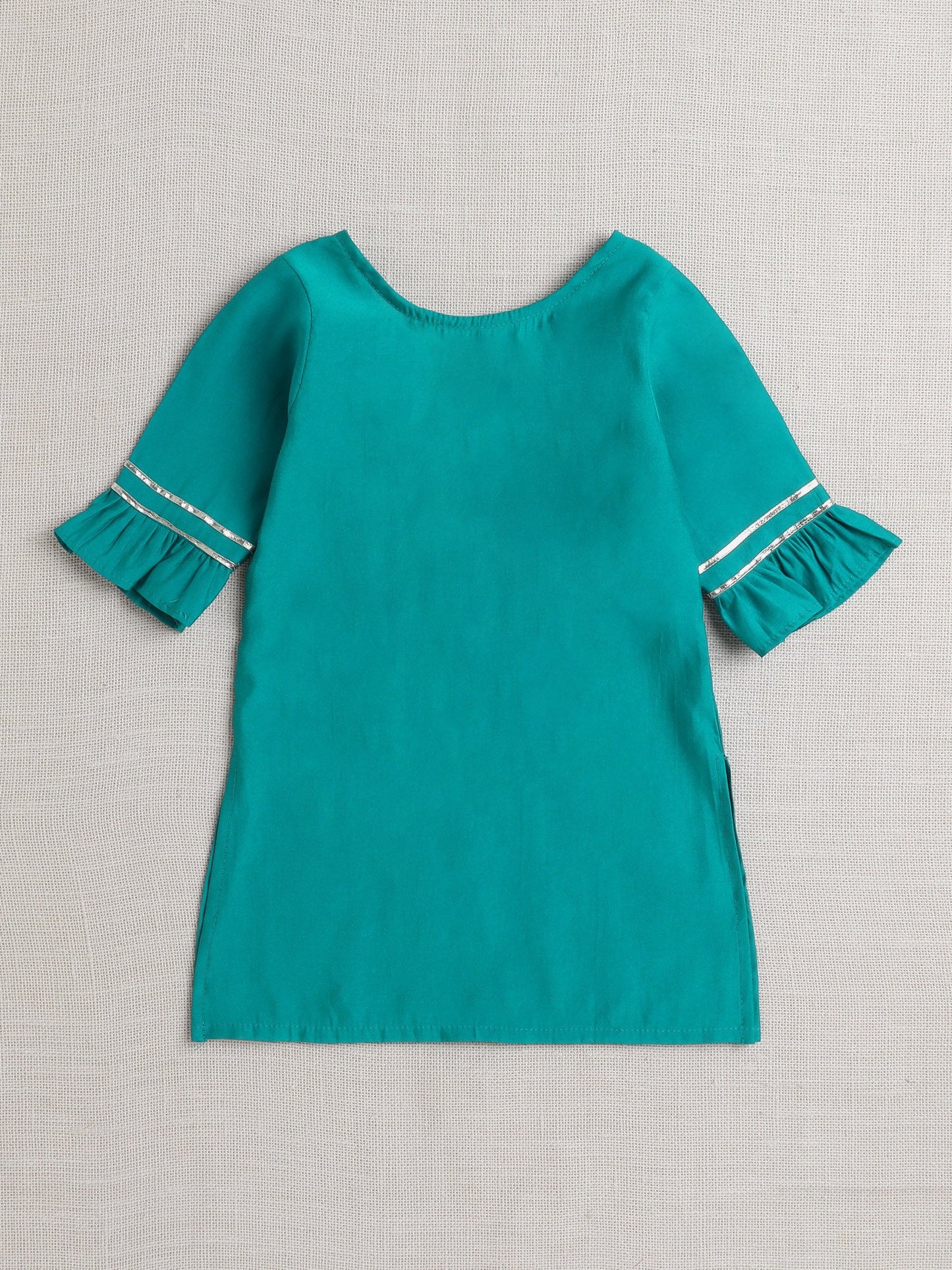 Cotton Three Fourth Sleeves Lace Embellished & Tassel Detailed Kurta & Coordinating Floral Printed Palazzo Set - Green