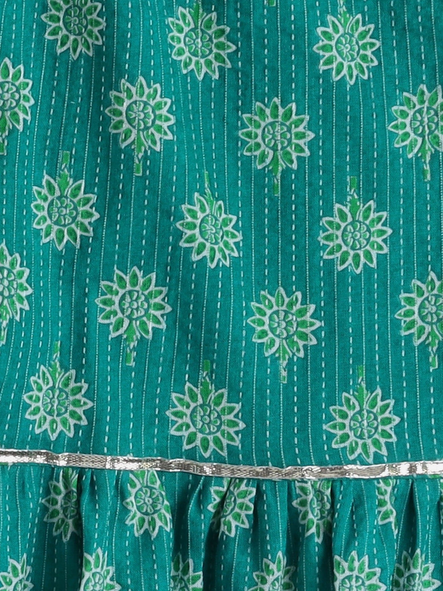 Cotton Three Fourth Sleeves Lace Embellished & Tassel Detailed Kurta & Coordinating Floral Printed Palazzo Set - Green