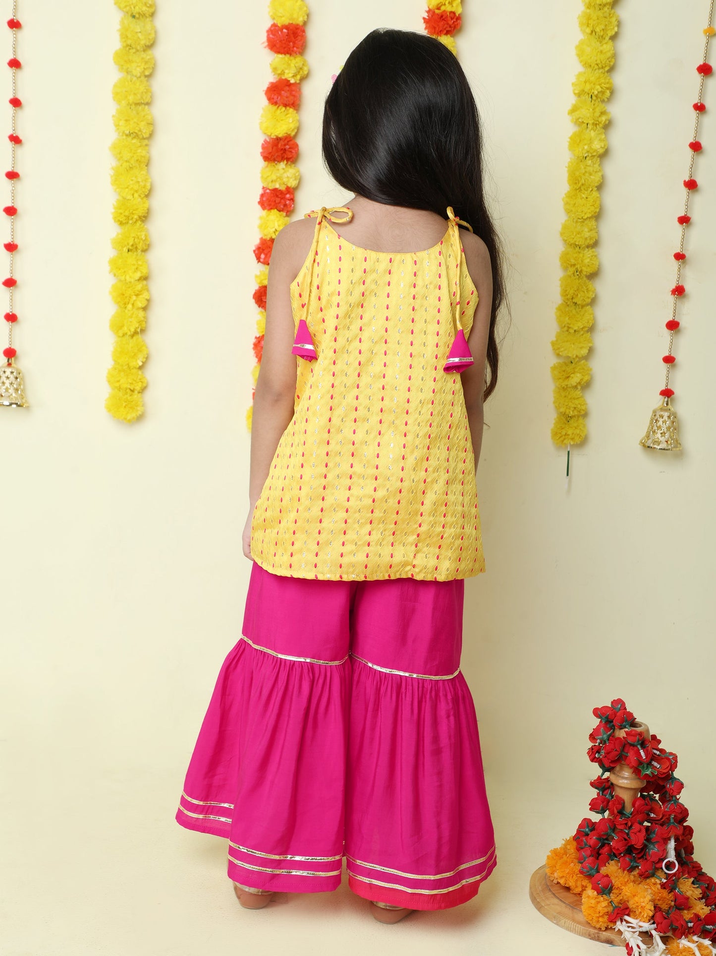 Sleeveless Abstract Foil Printed & Lace Embellished Kurta Sharara Set - Yellow