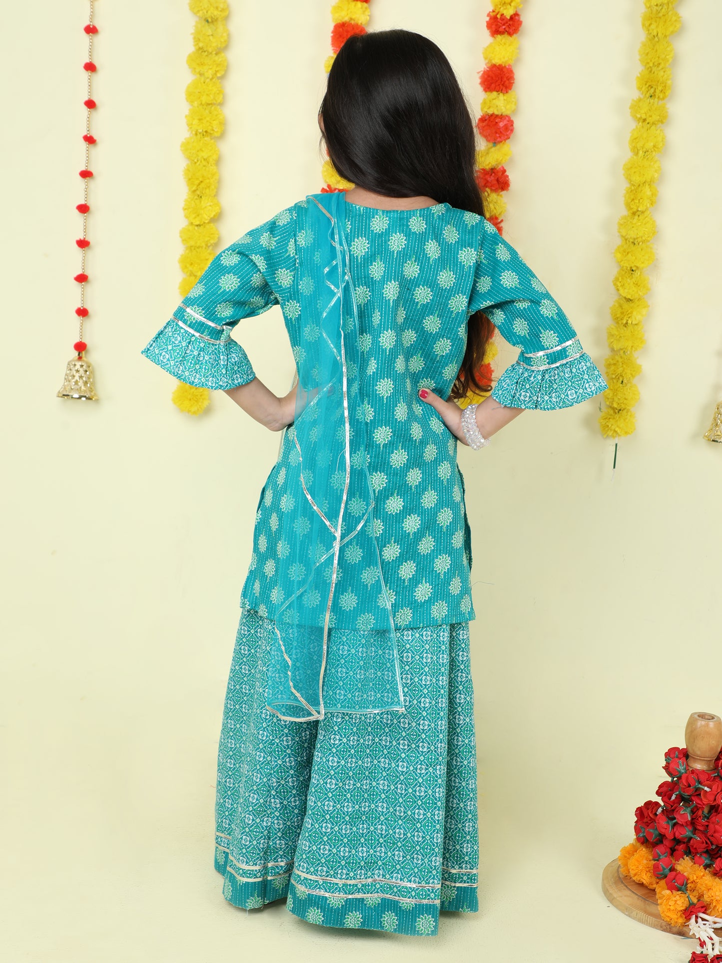 Three Forth Sleeves All Over Print Kurta Lehenga Set With Dupatta- Green