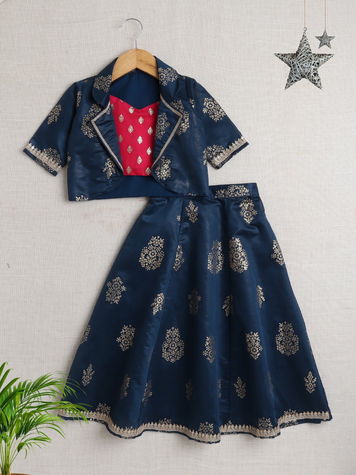 Short Sleeves All Over Print Lehenga Choli Set- Blue