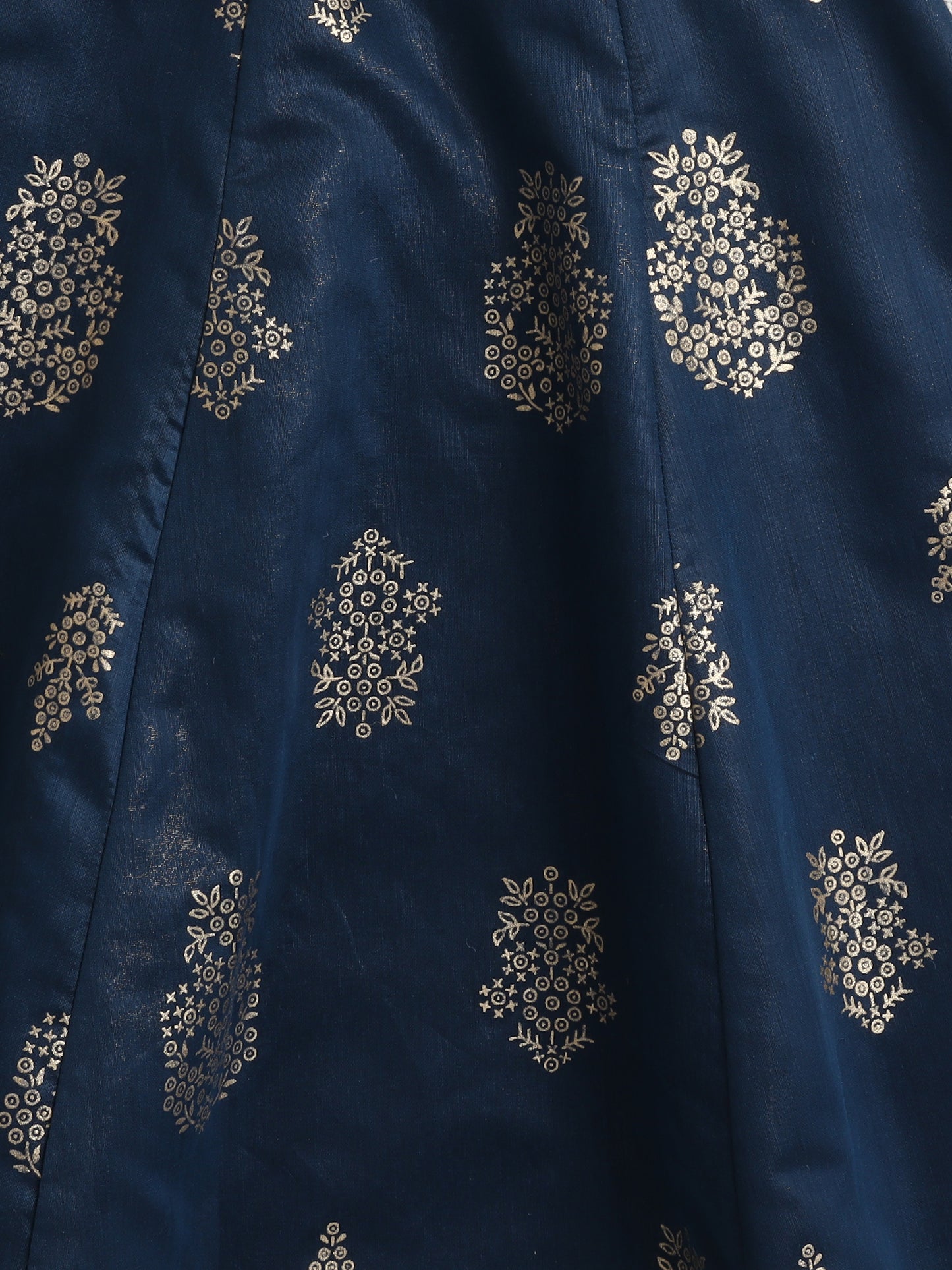 Short Sleeves All Over Print Lehenga Choli Set- Blue