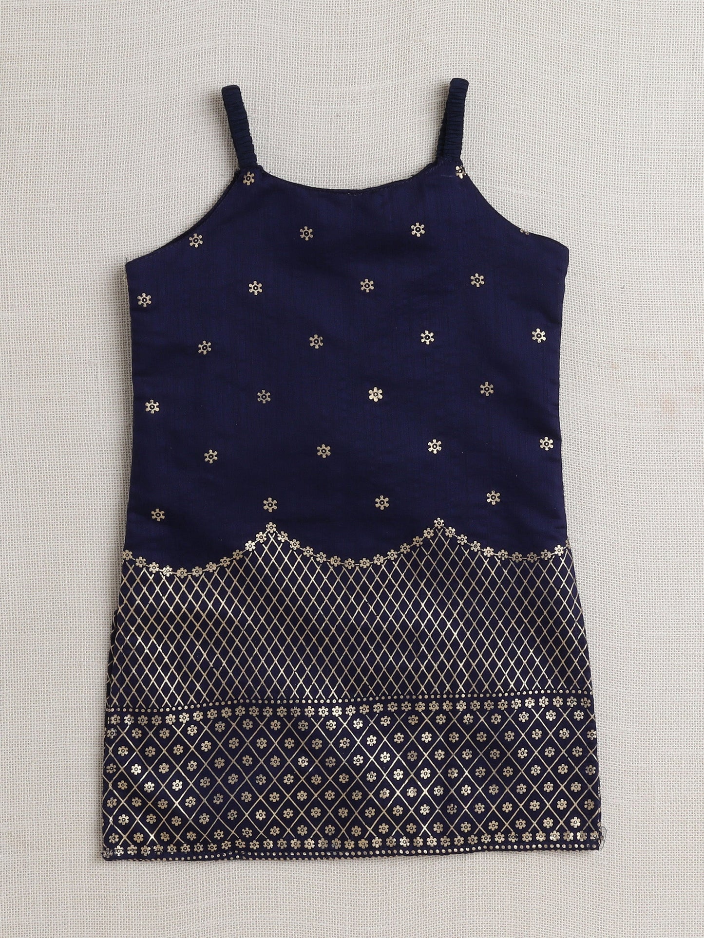 Sleeveless Lace Embellished & Floral Foil Printed Coordinating Kurta & Sharara With Dupatta Set - Navy Blue