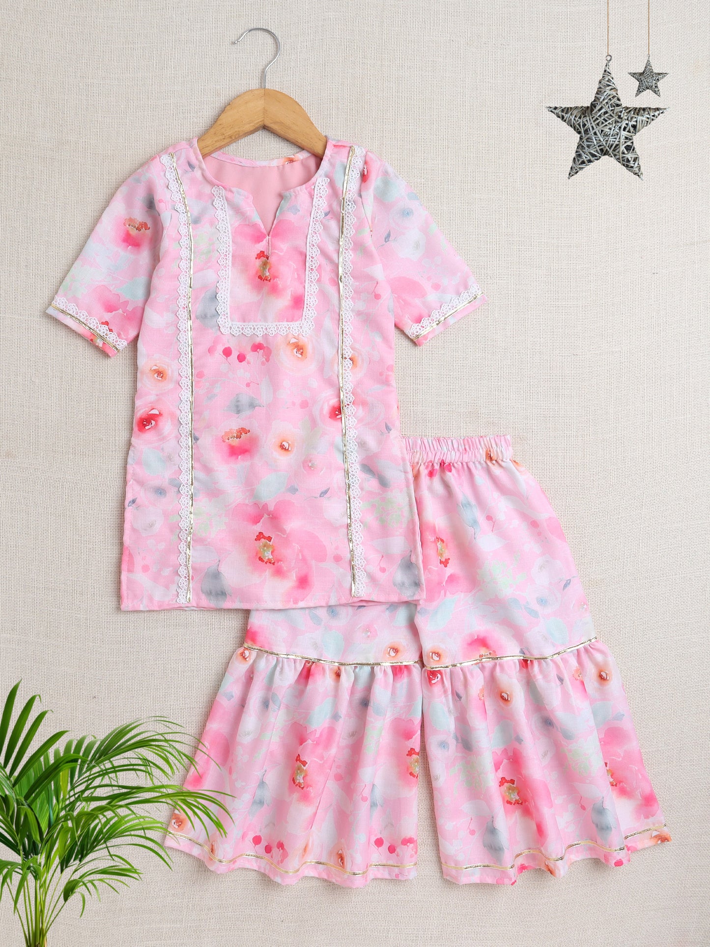 Short Sleeves All Over Print Kurta Sharar Set- Pink