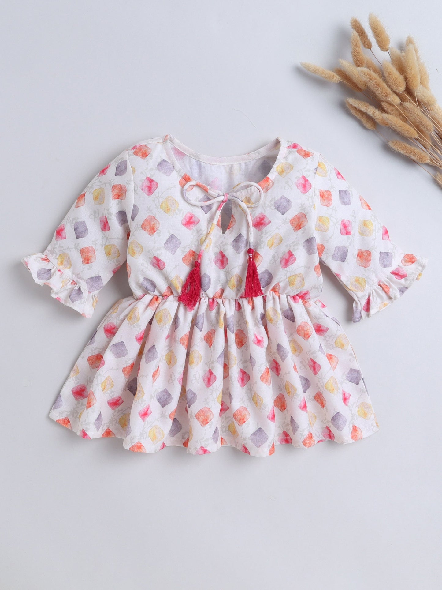 Cotton Three Fourth Sleeves Printed with Tassels Top -Off-White