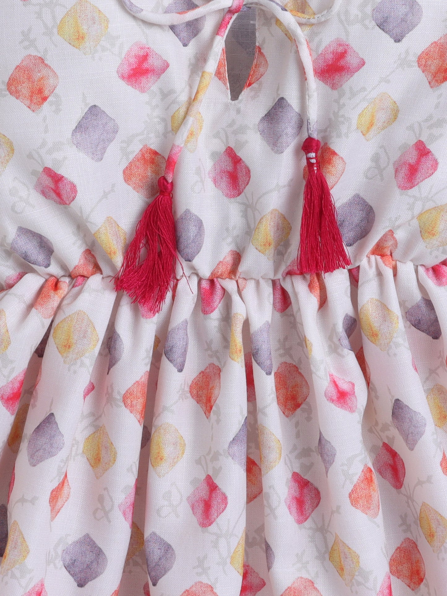 All over Printed Cotton Three Fourth Sleeves with Tassels Top - Off-White