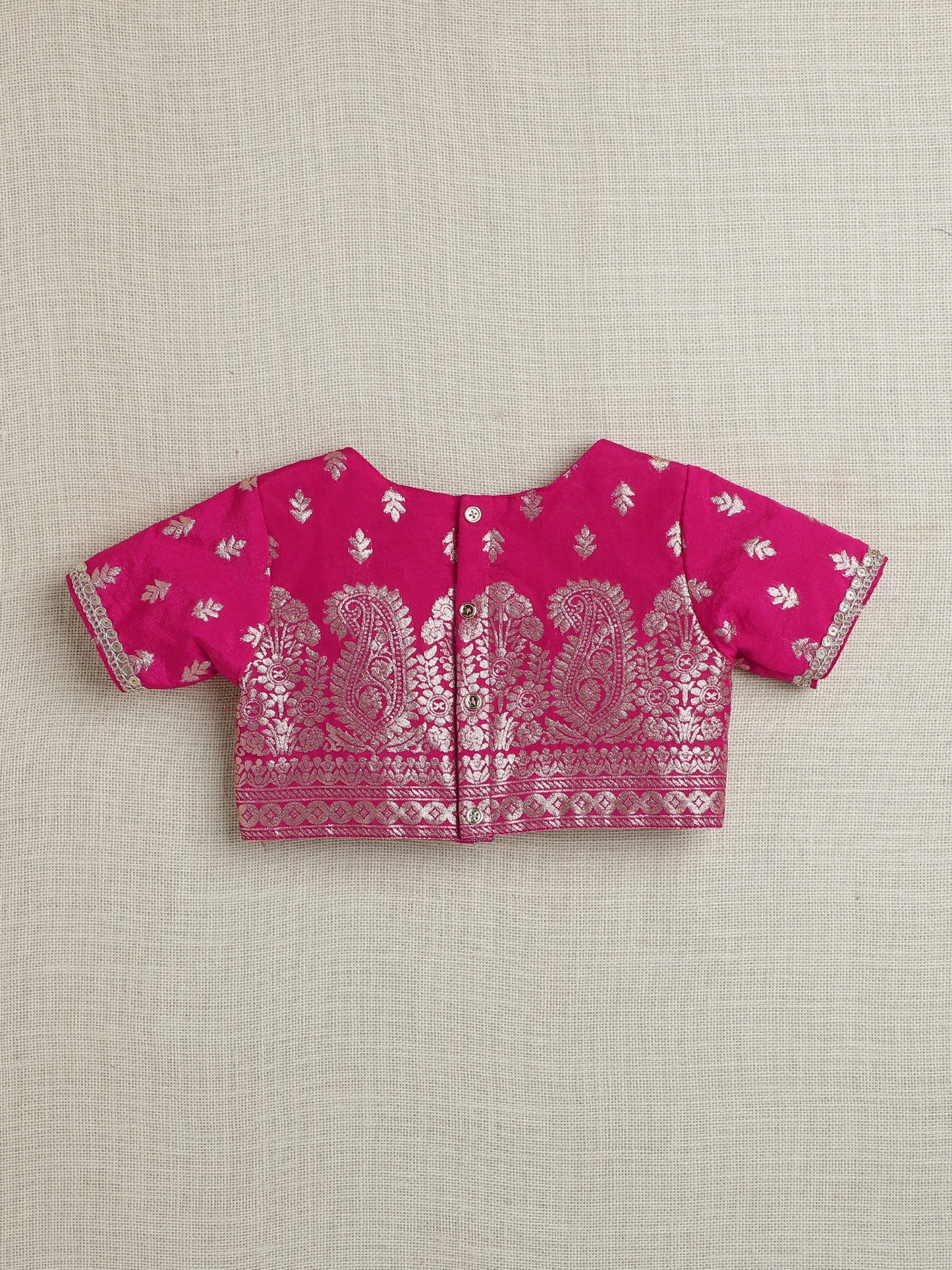 The Magic Wand Brocade Half Sleeves Lace Embellished & Floral Foil Printed Choli & Lehenga With Dupatta Set Fuchsia