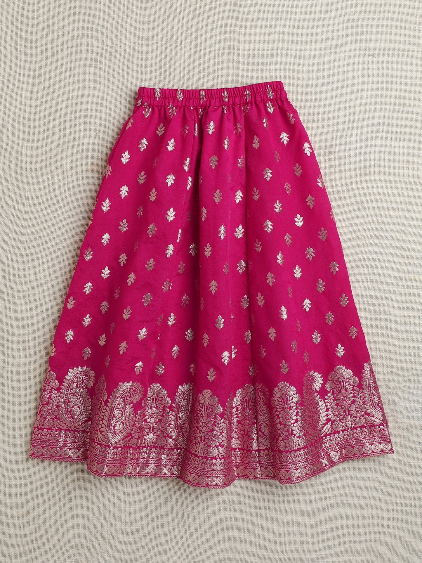 The Magic Wand Brocade Half Sleeves Lace Embellished & Floral Foil Printed Choli & Lehenga With Dupatta Set Fuchsia