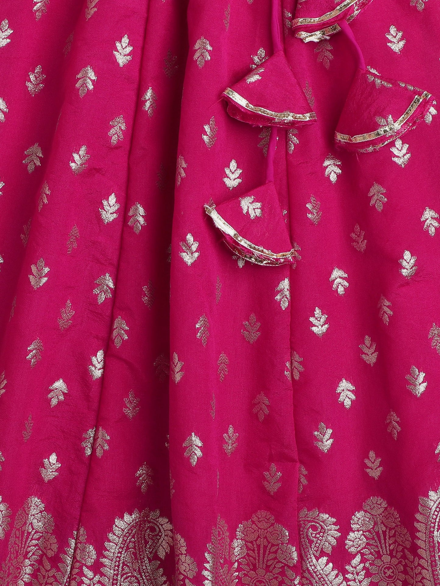 Half Sleeves Lace Embellished & Floral Foil Printed Choli & Lehenga With Dupatta Set Fuchsia