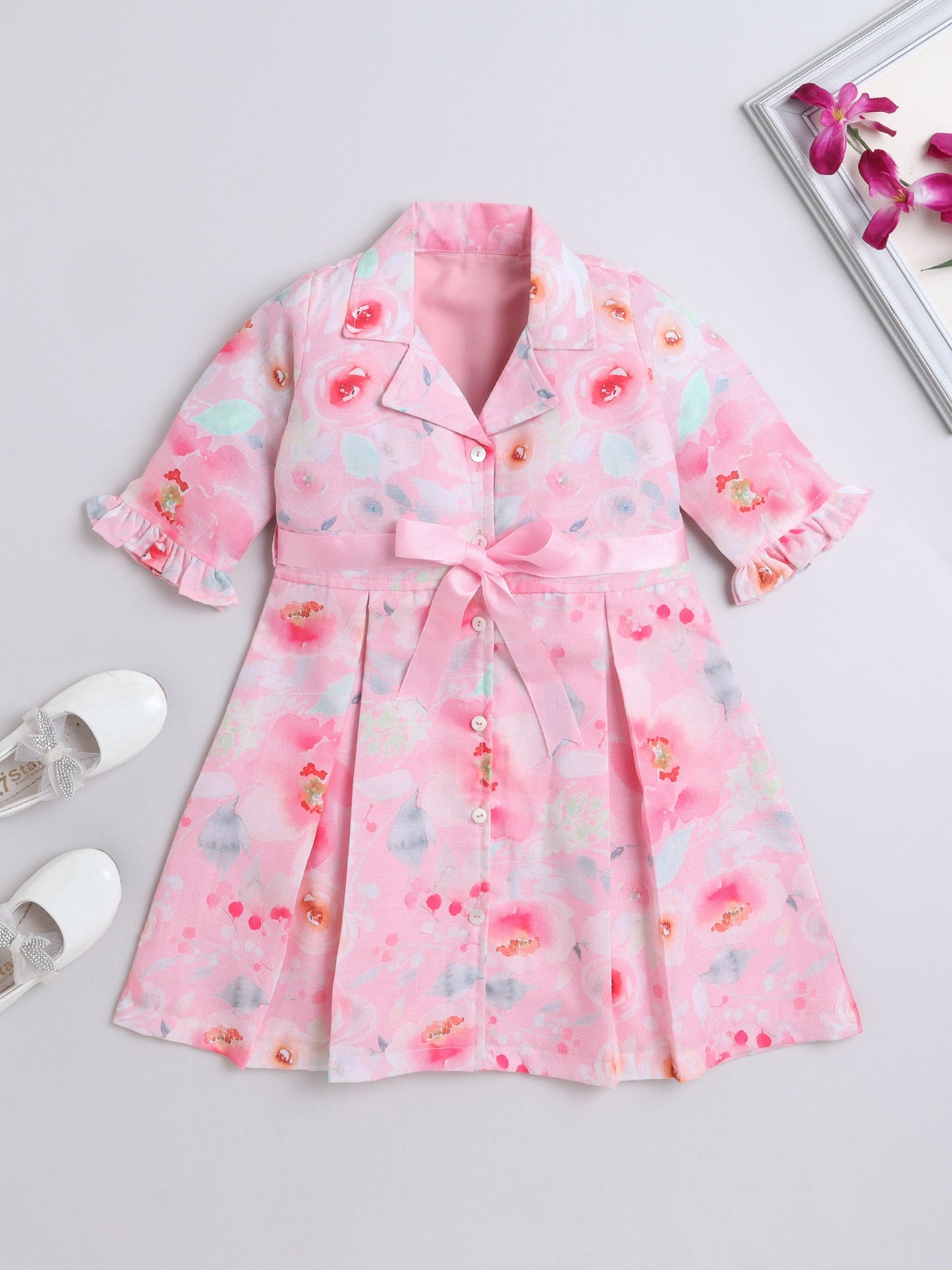 Three Fourth Peasant Sleeves Floral Printed Shirt Dress With Attached Belt - Pink