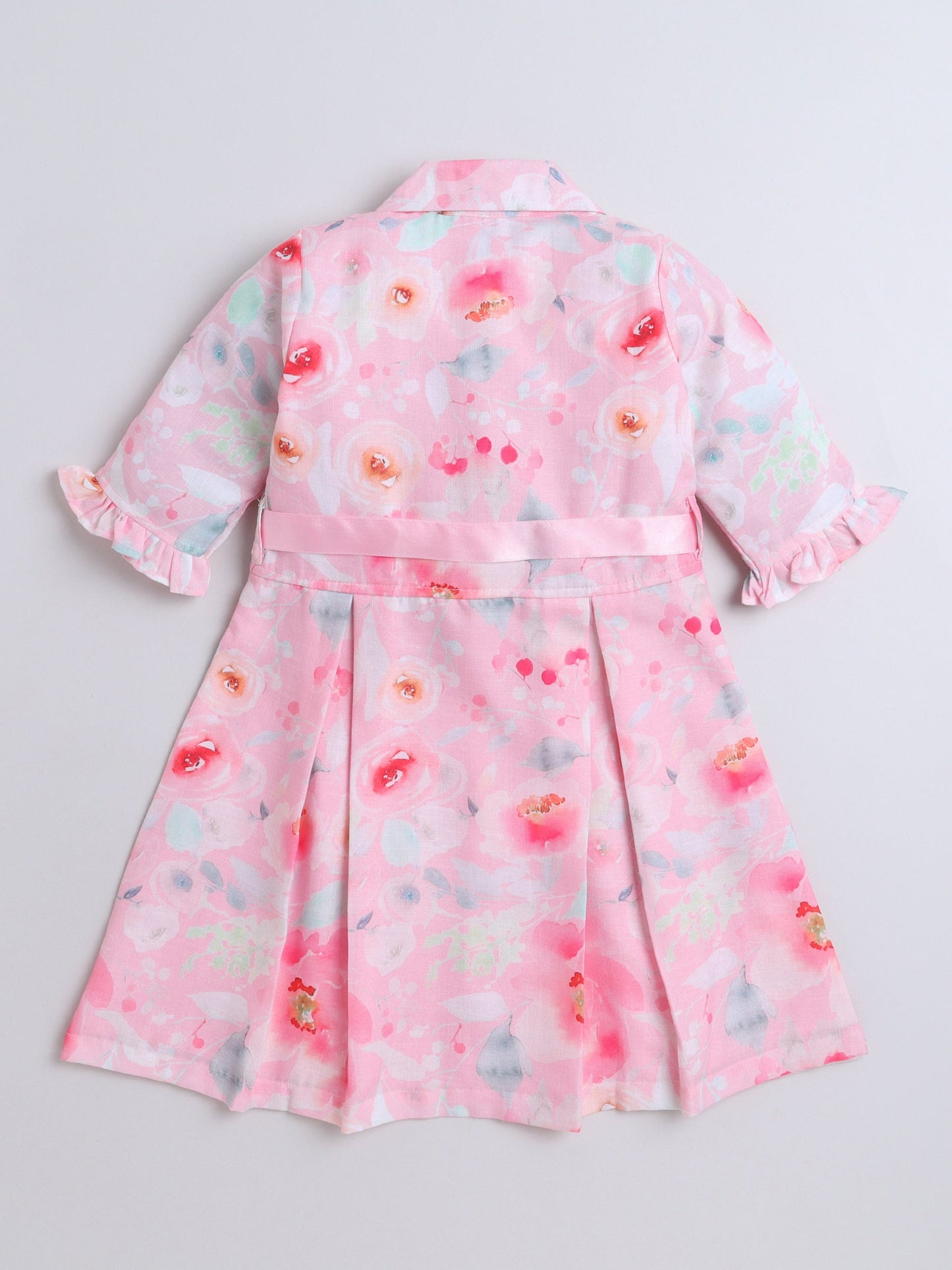 Three Fourth Peasant Sleeves Floral Printed Shirt Dress With Attached Belt - Pink