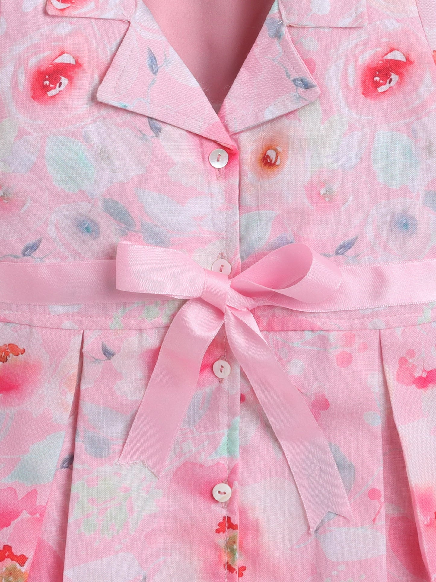 Three Fourth Peasant Sleeves Floral Printed Shirt Dress With Attached Belt - Pink