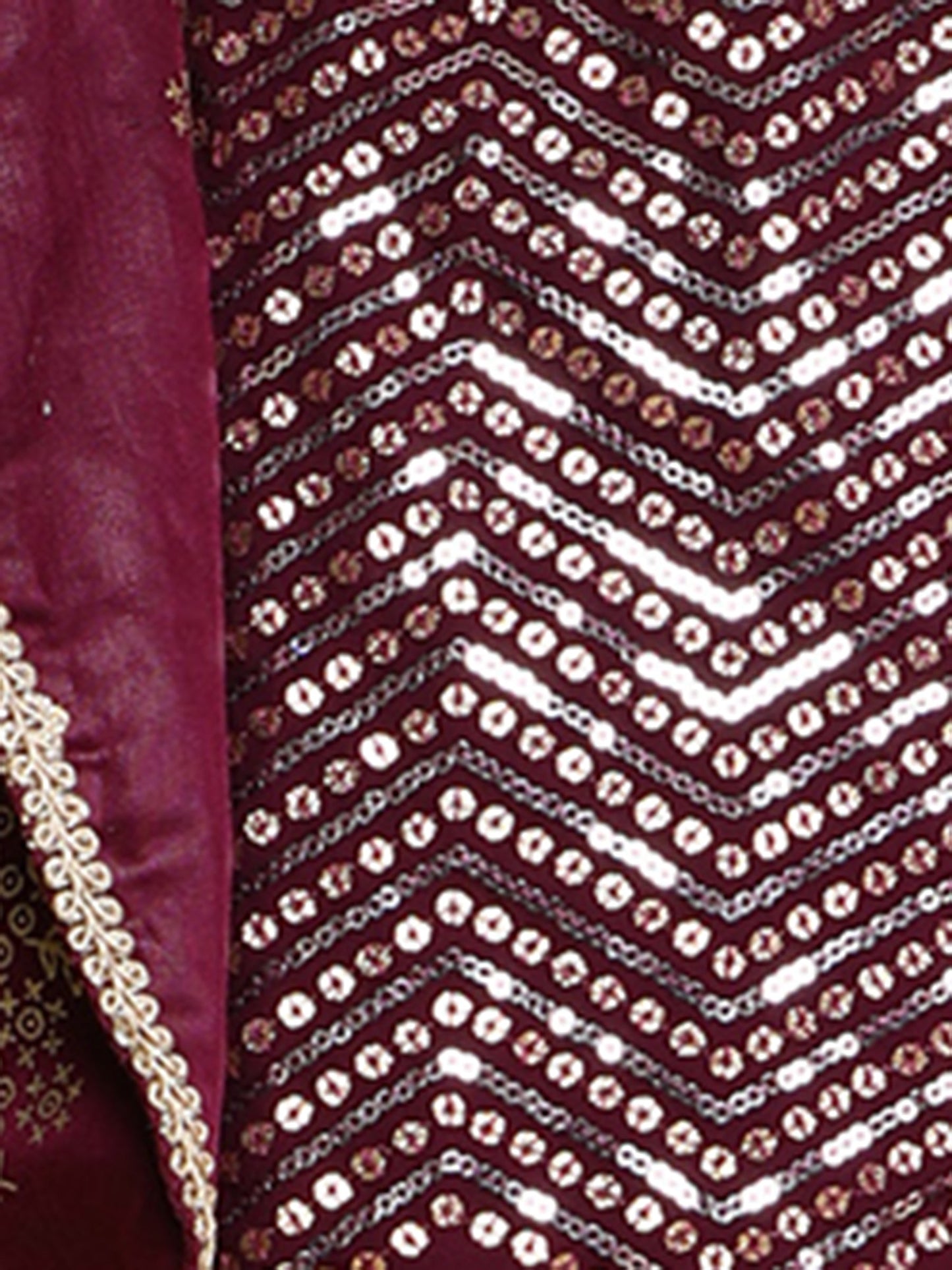Half Sleeve Lace Embellished & Motif Printed Lehenga Choli with Jacket- Wine