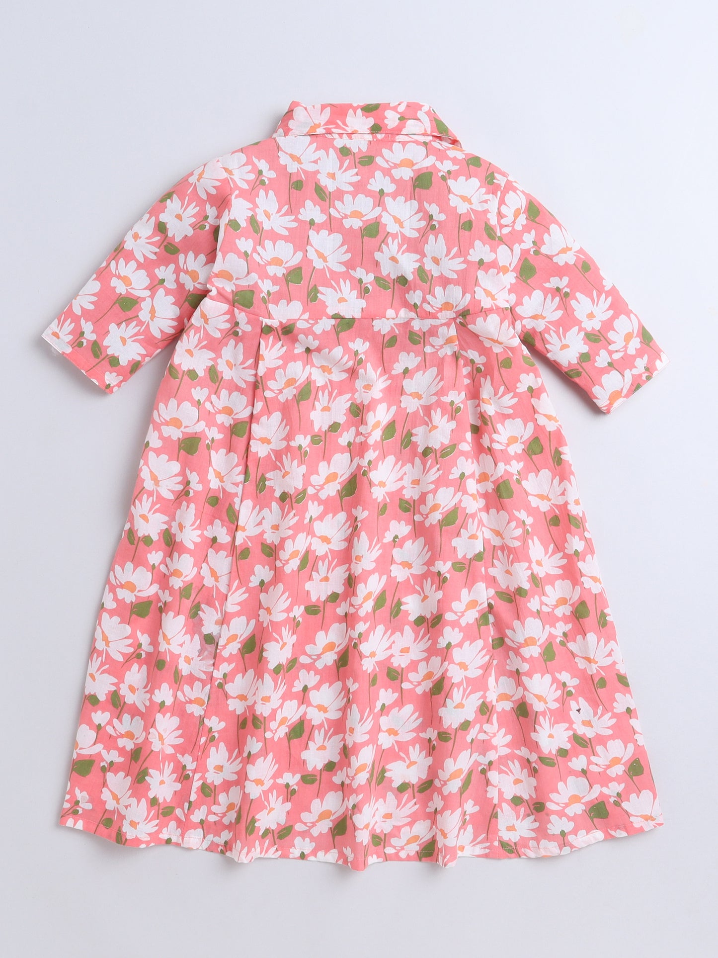 Floral Printed Elbow Sleeves Collar Neck Dress For Girls-Peach