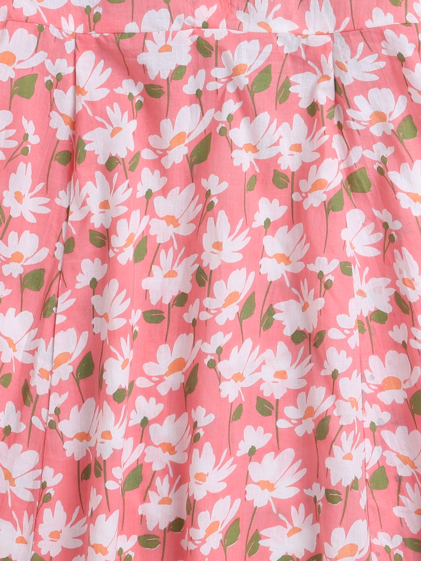 Floral Printed Elbow Sleeves Collar Neck Dress For Girls-Peach
