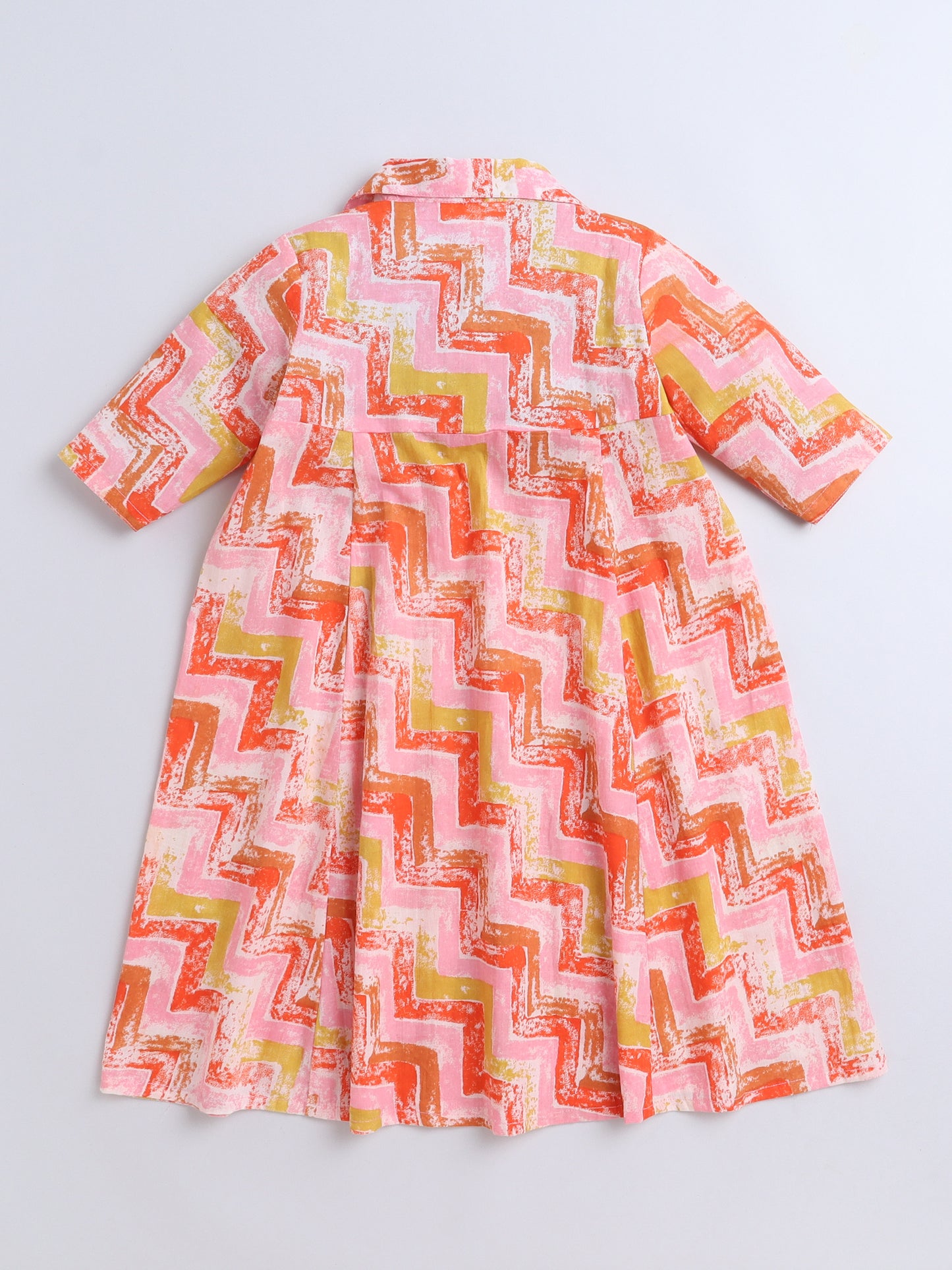 Floral Printed Elbow Sleeves Collar Neck Dress For Girls-Pink