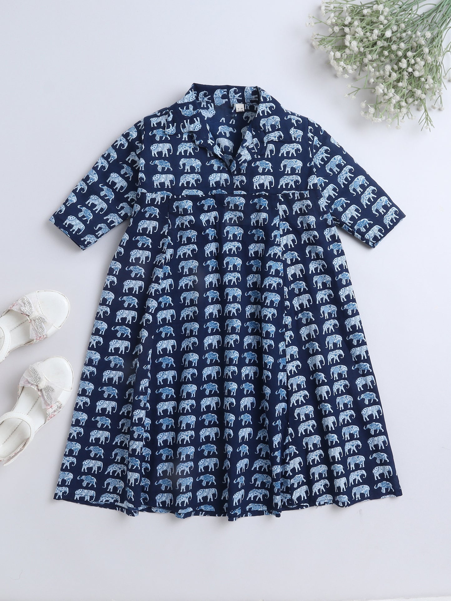 Floral Printed Elbow Sleeves Collar Neck Dress For Girls-Navy Blue