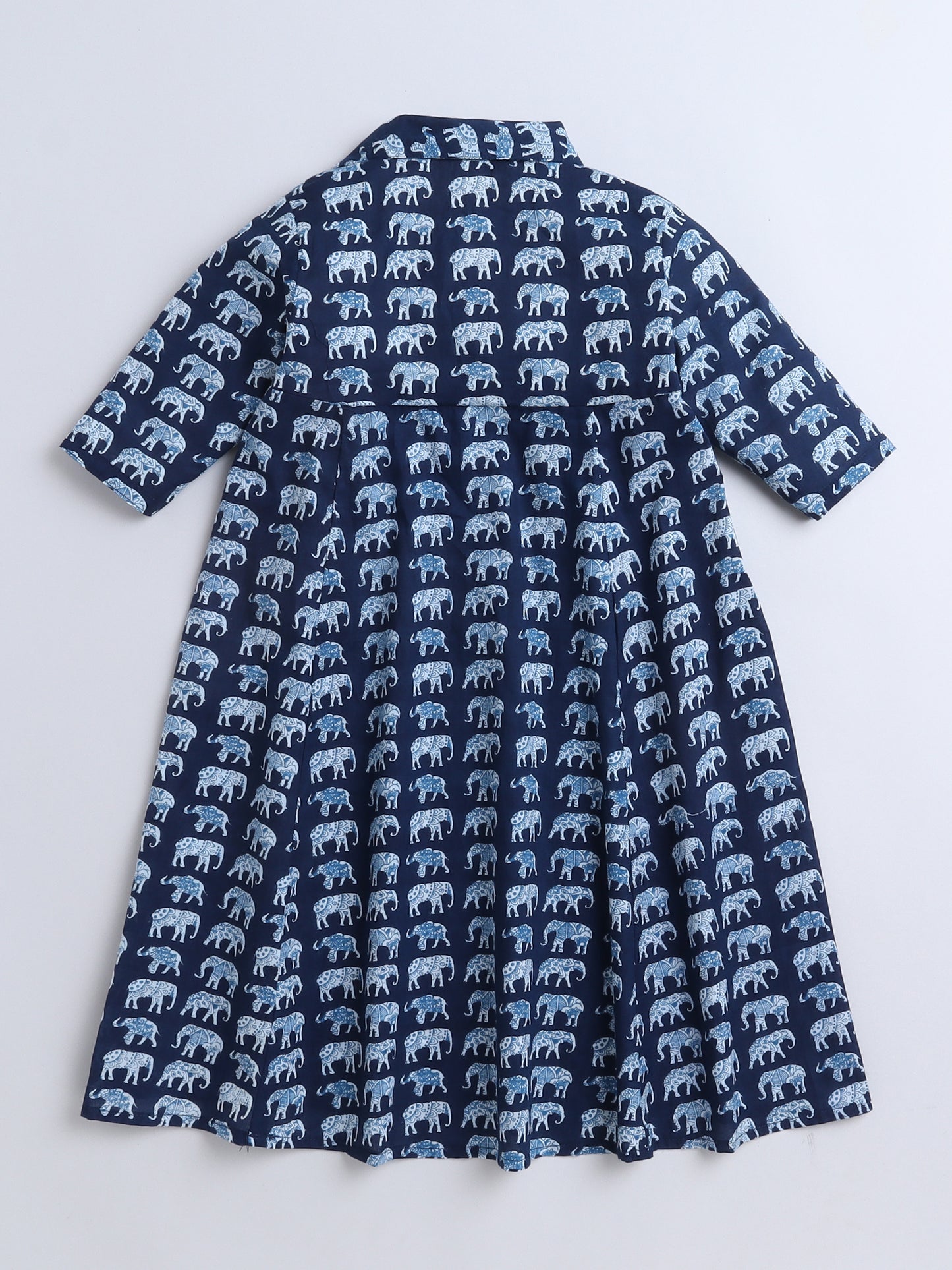Floral Printed Elbow Sleeves Collar Neck Dress For Girls-Navy Blue