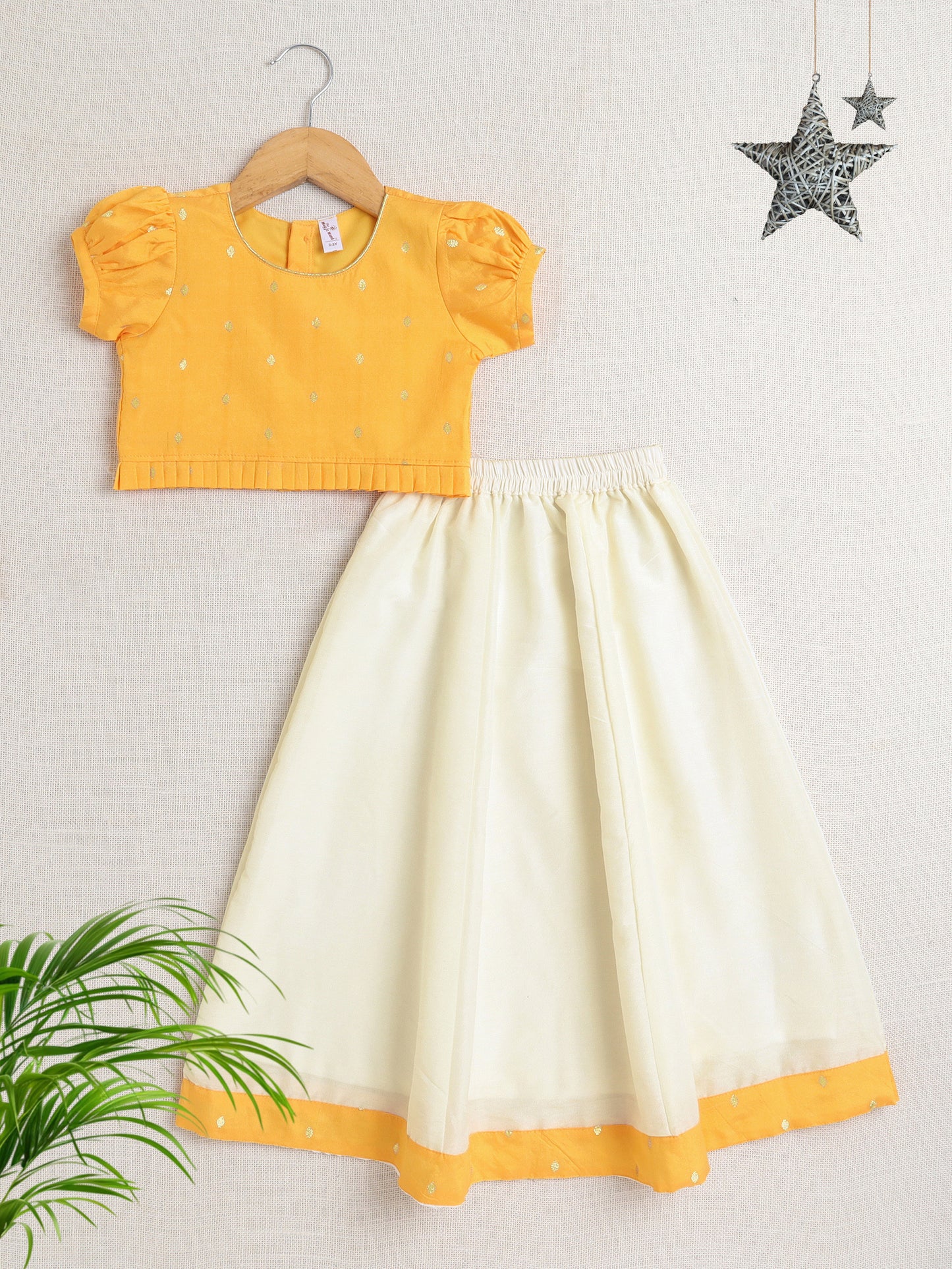 Puff Sleeves Foil Printed Choli & Lace Embellished Lehenga Set-Yellow