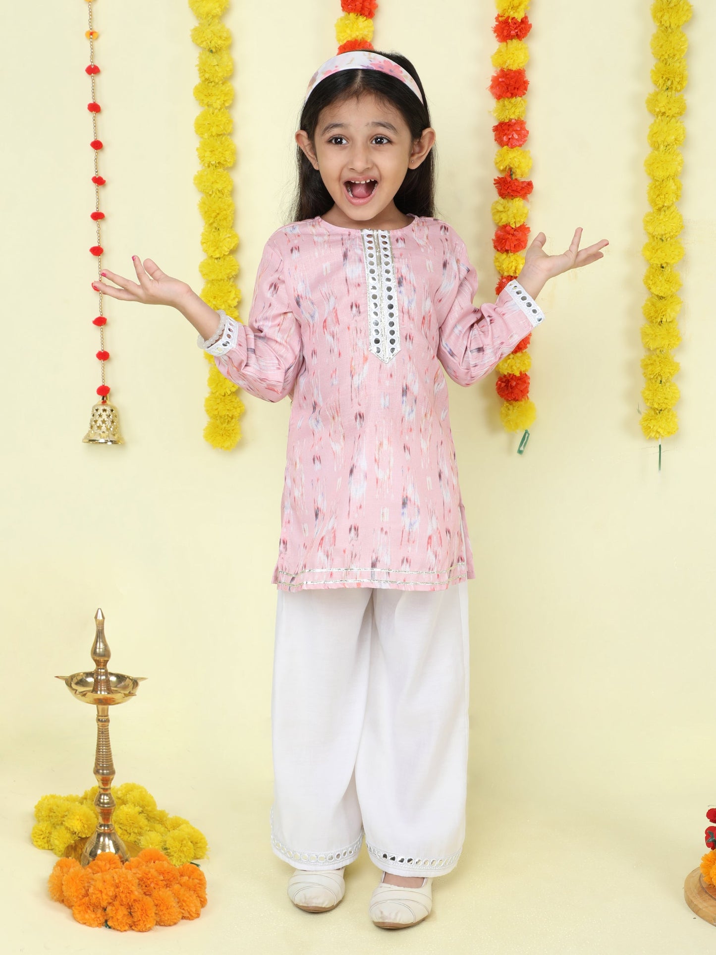Full Sleeves Abstract Printed Lace Embelished Kurta and Palazzon Set-Pink
