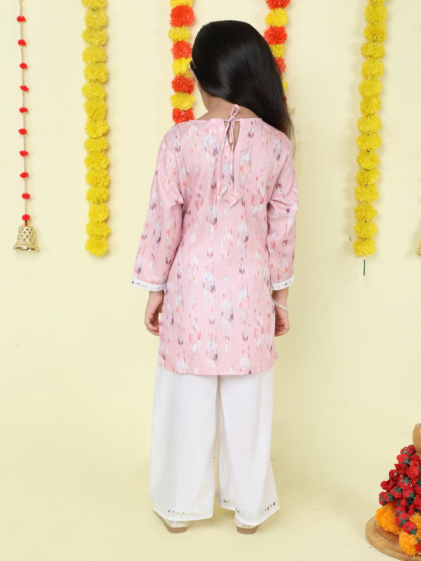 Full Sleeves Abstract Printed Lace Embelished Kurta and Palazzon Set-Pink