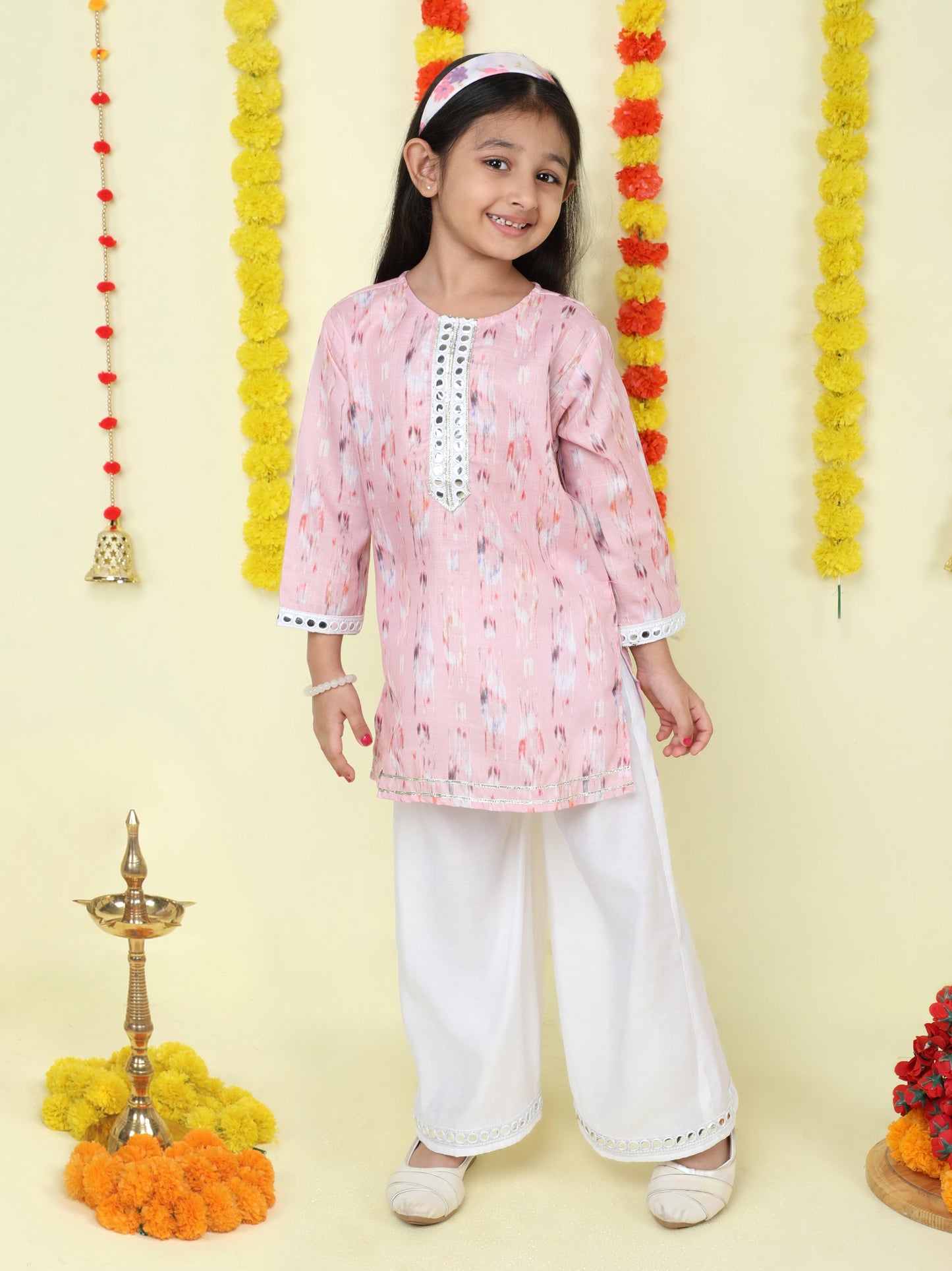 Full Sleeves Abstract Printed Lace Embelished Kurta and Palazzon Set-Pink